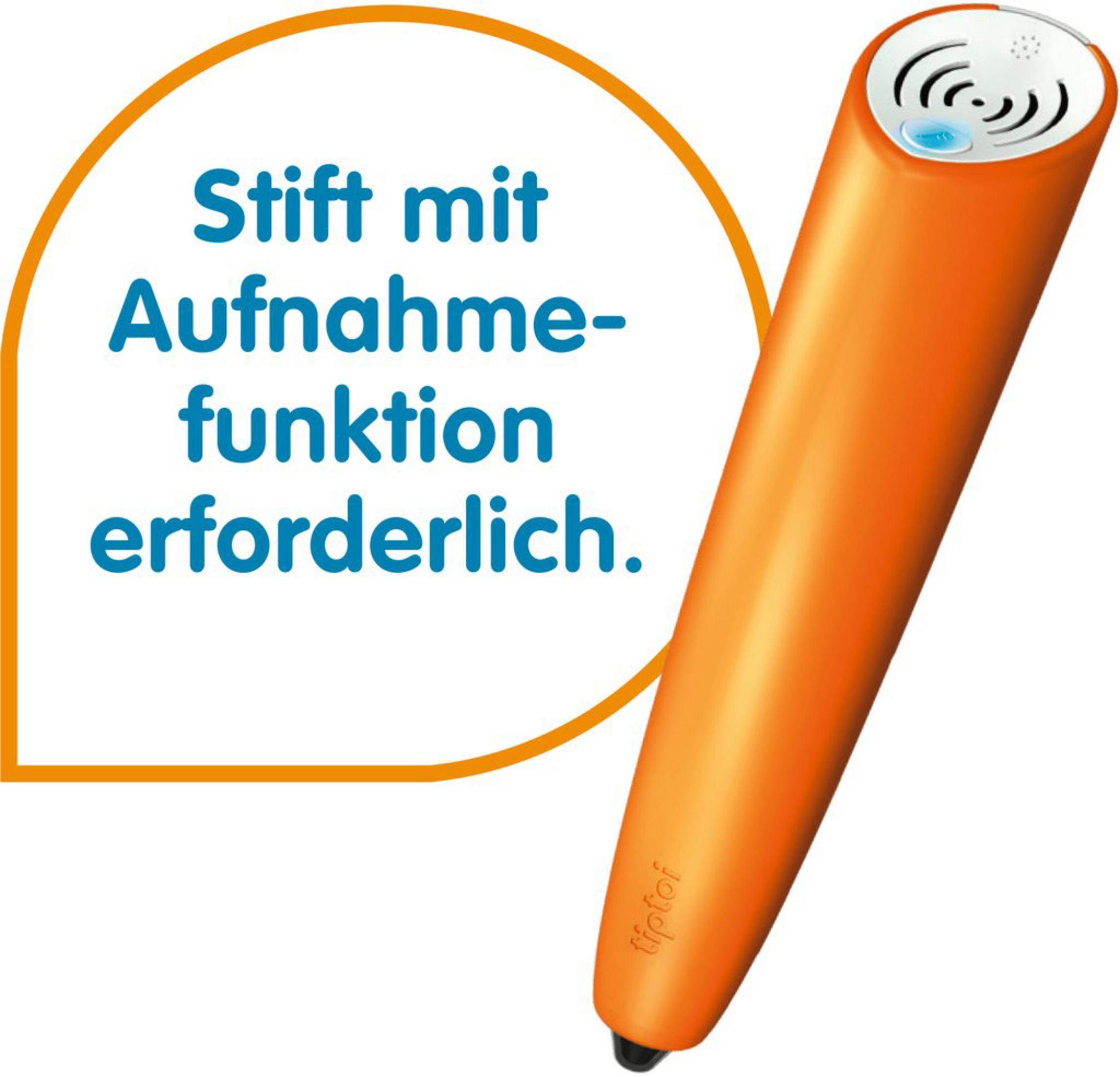 Orangener Aufnahmestift mit Text und Symbolen. Auf weißem Untergrund.
