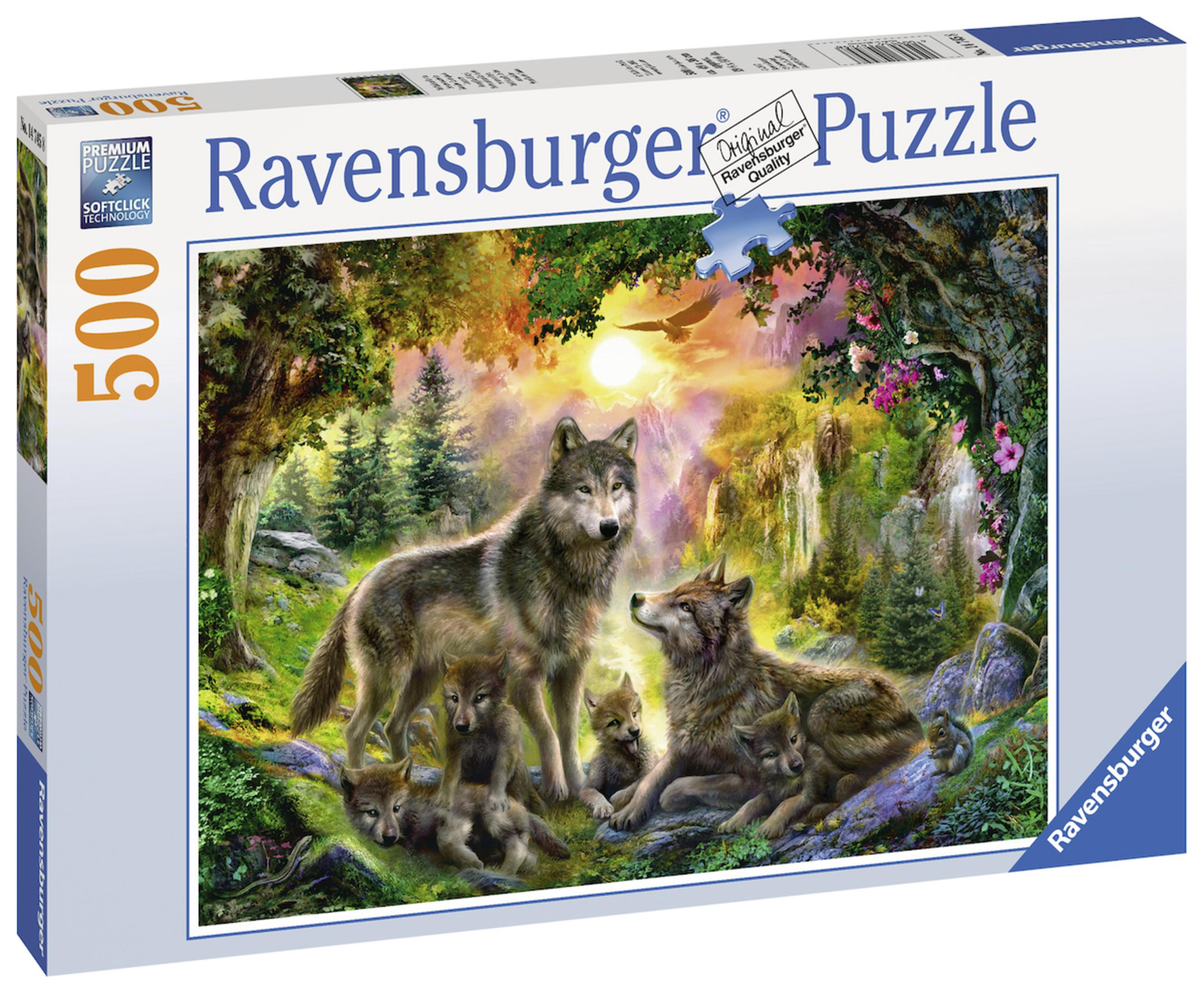 Eine Puzzledose mit einer Wolfsfamilie in einem Wald.