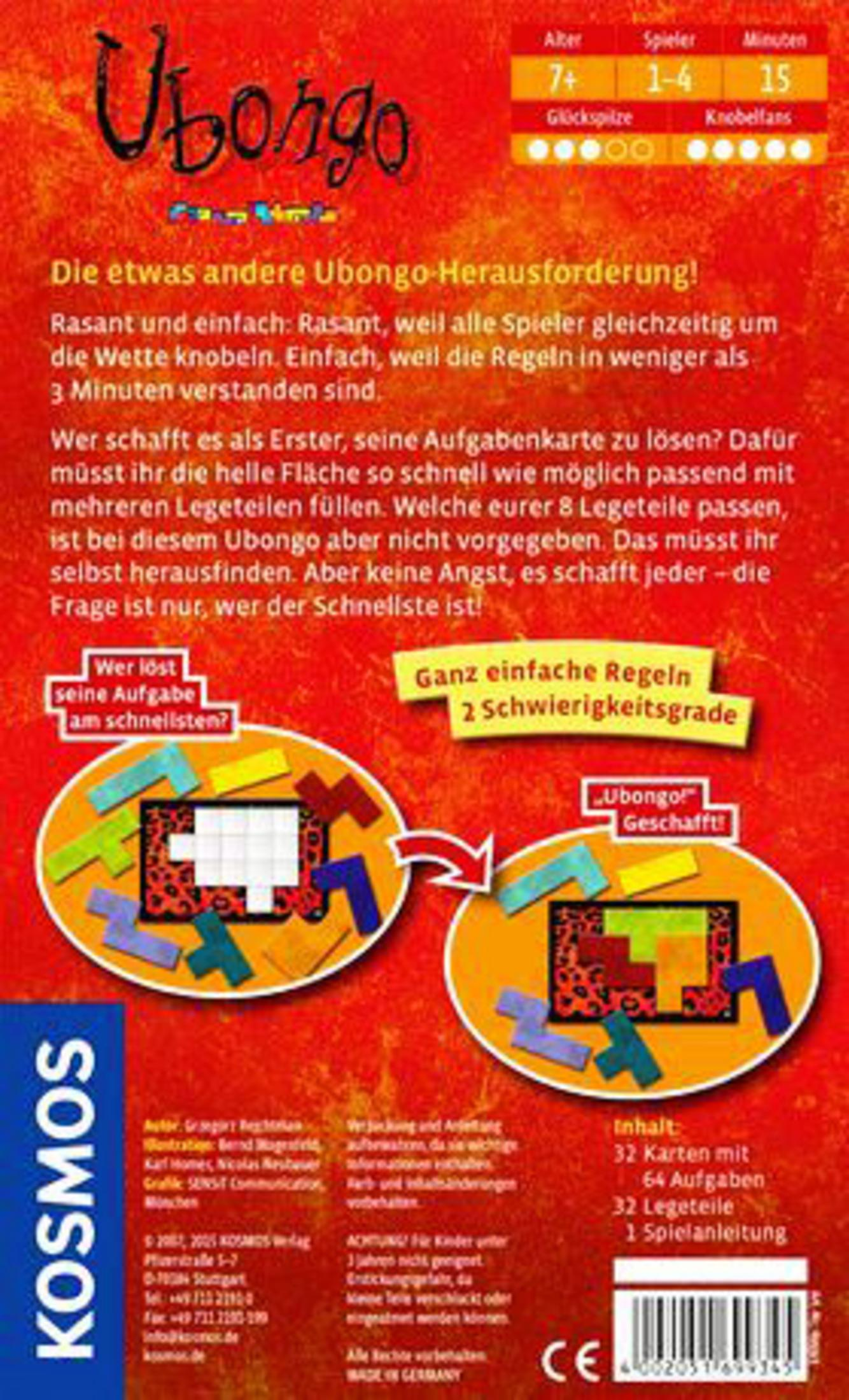 Die Rückseite einer Ubongo-Spielbox mit Spielsteinen und Anweisungen auf rotem Hintergrund.