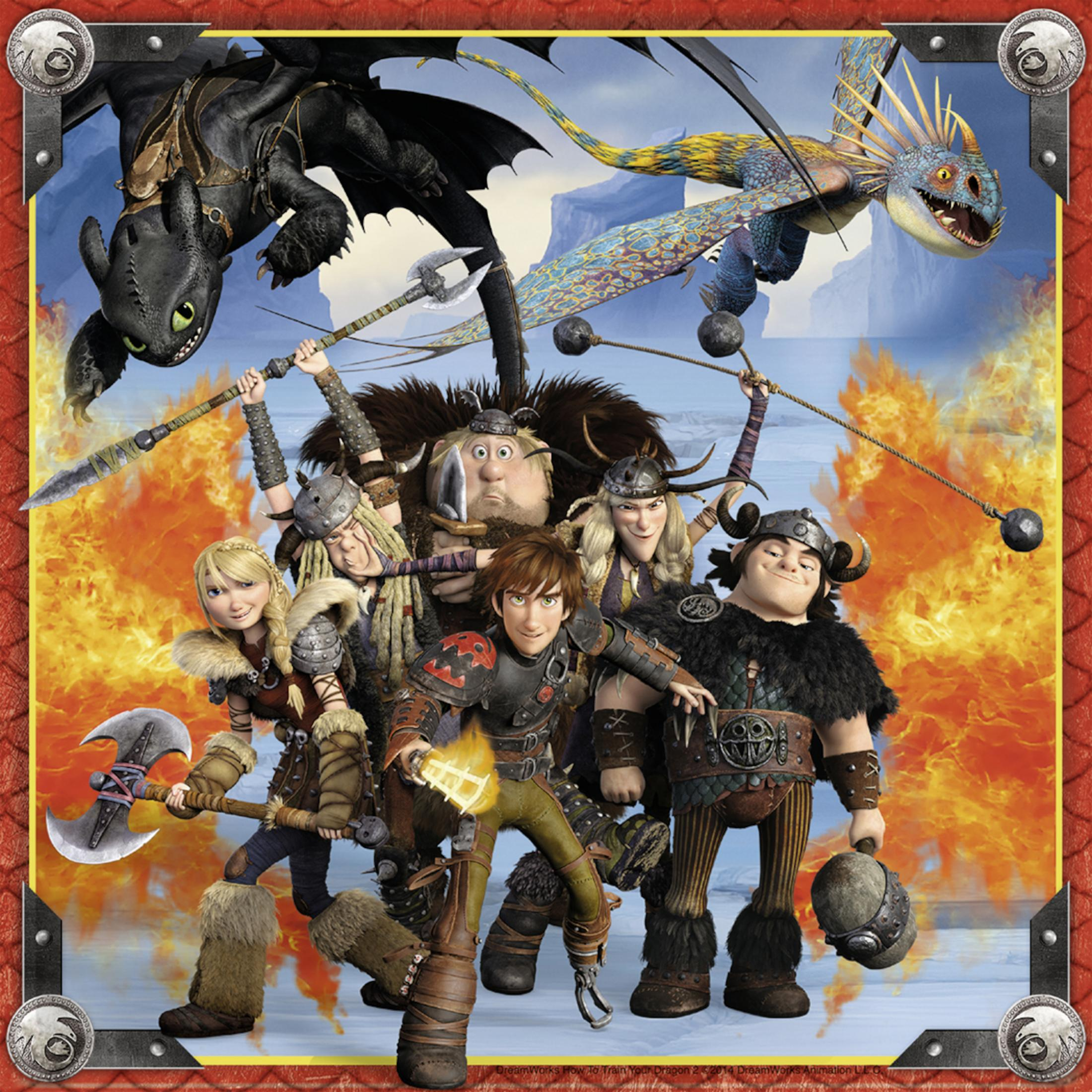 Eine Gruppe von Wie man seinen Drachen zähmt-Charakteren in Aktion, mit Drachen und Feuer.