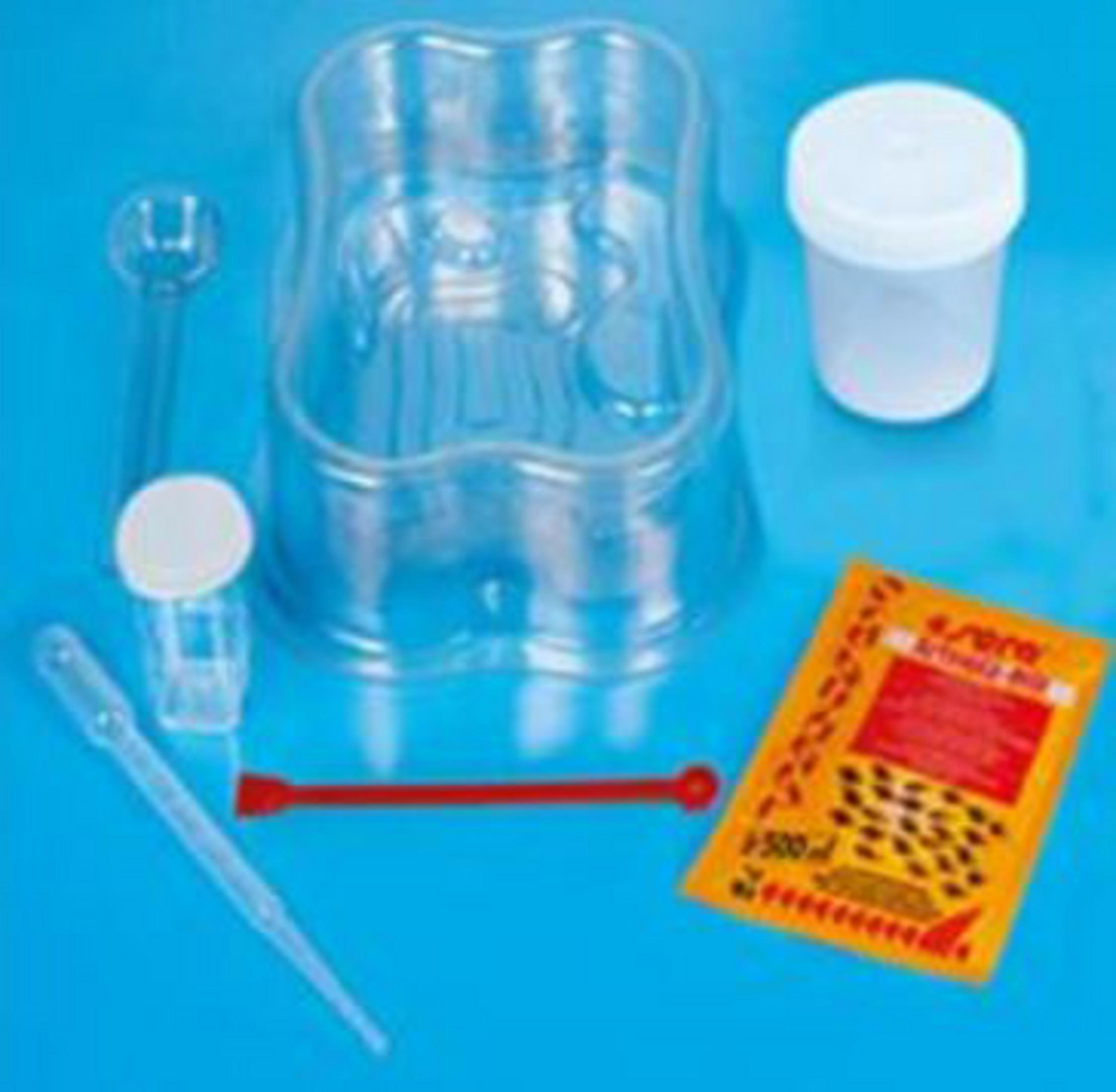 Zestaw do eksperymentów naukowych z fiolkami, pojemnikiem, prętem do mieszania i paczką proszku.