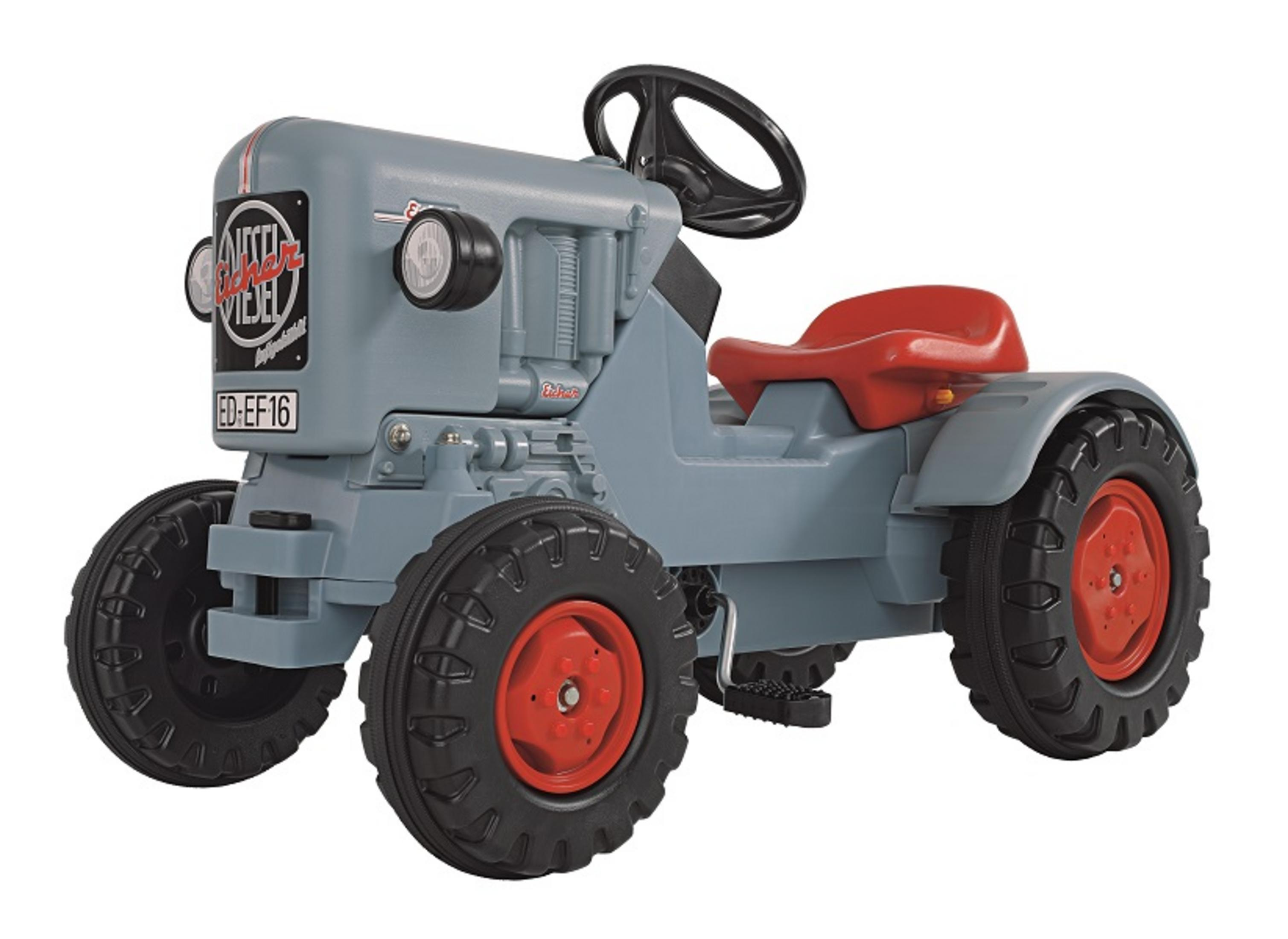 Grauer Spielzeugtraktor mit roten Rädern und Sitz. Auf der Seite steht 'AUTO-DIESEL'.