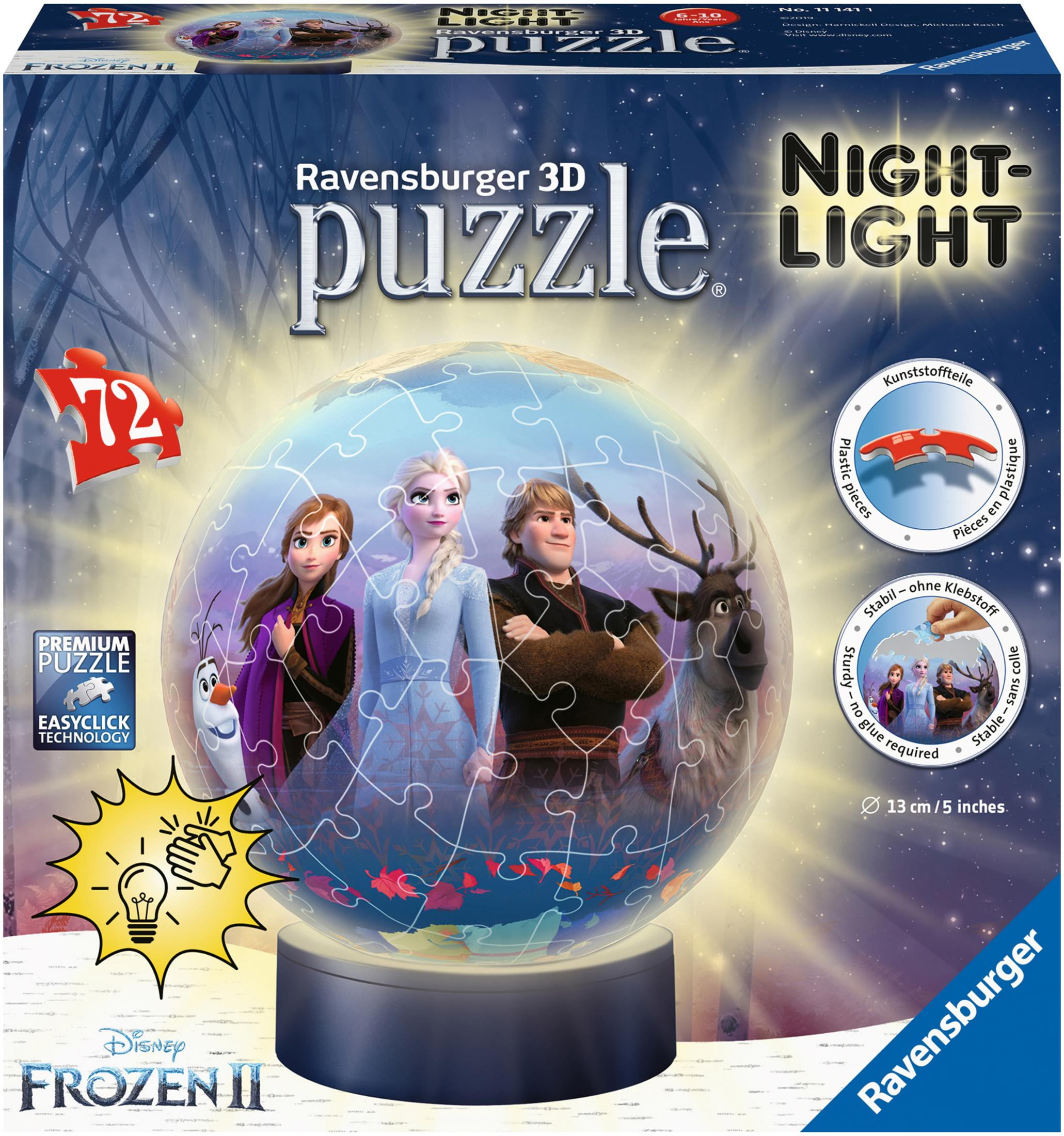 Pudełko z puzzlami 3D Frozen 2, Elsa, Anna, Kristoff, Sven i Olaf z podstawą światła nocnego.