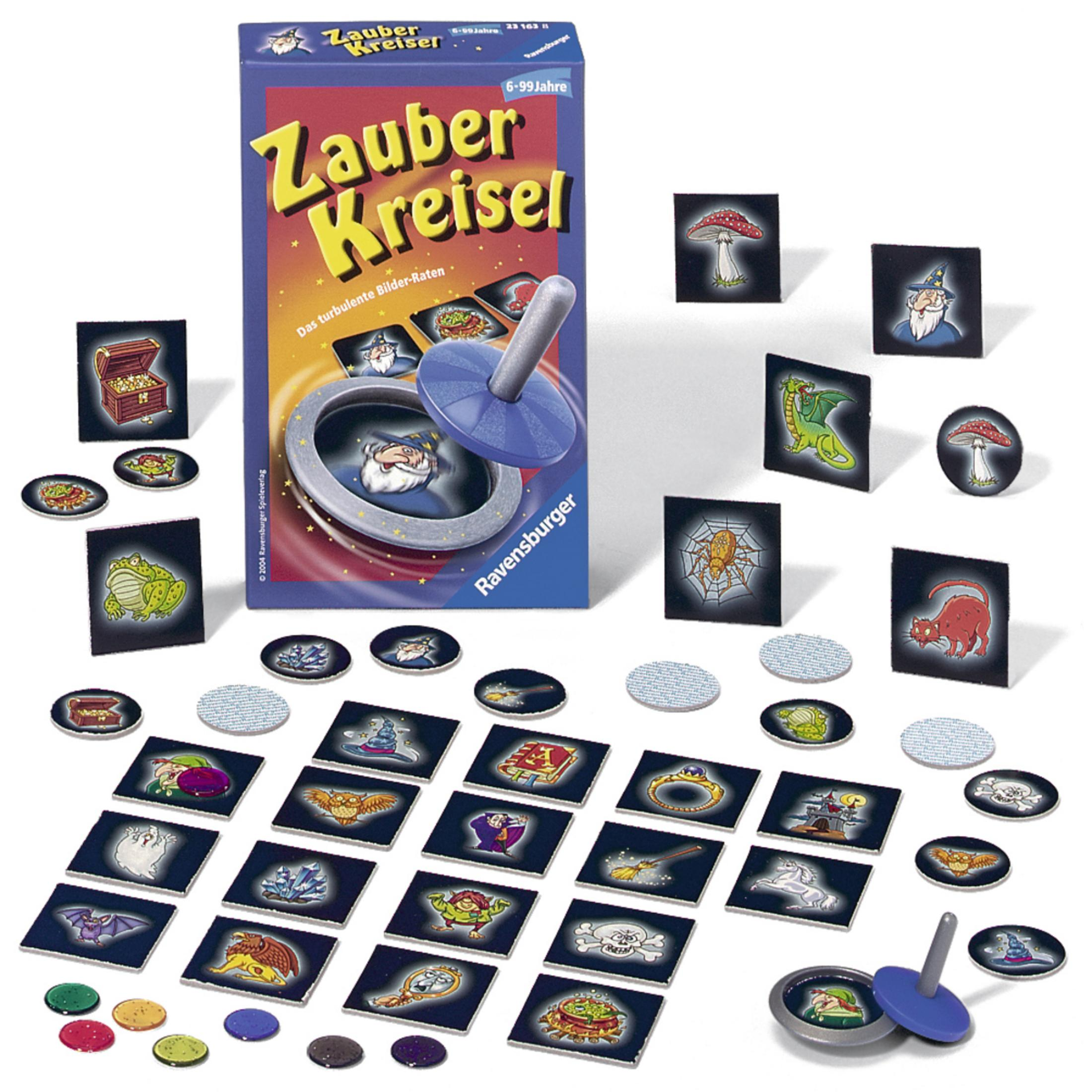 Eine Brettspielbox, 'Zauber Kreisel', mit Spielteilen, darunter ein Kreisel und Karten.