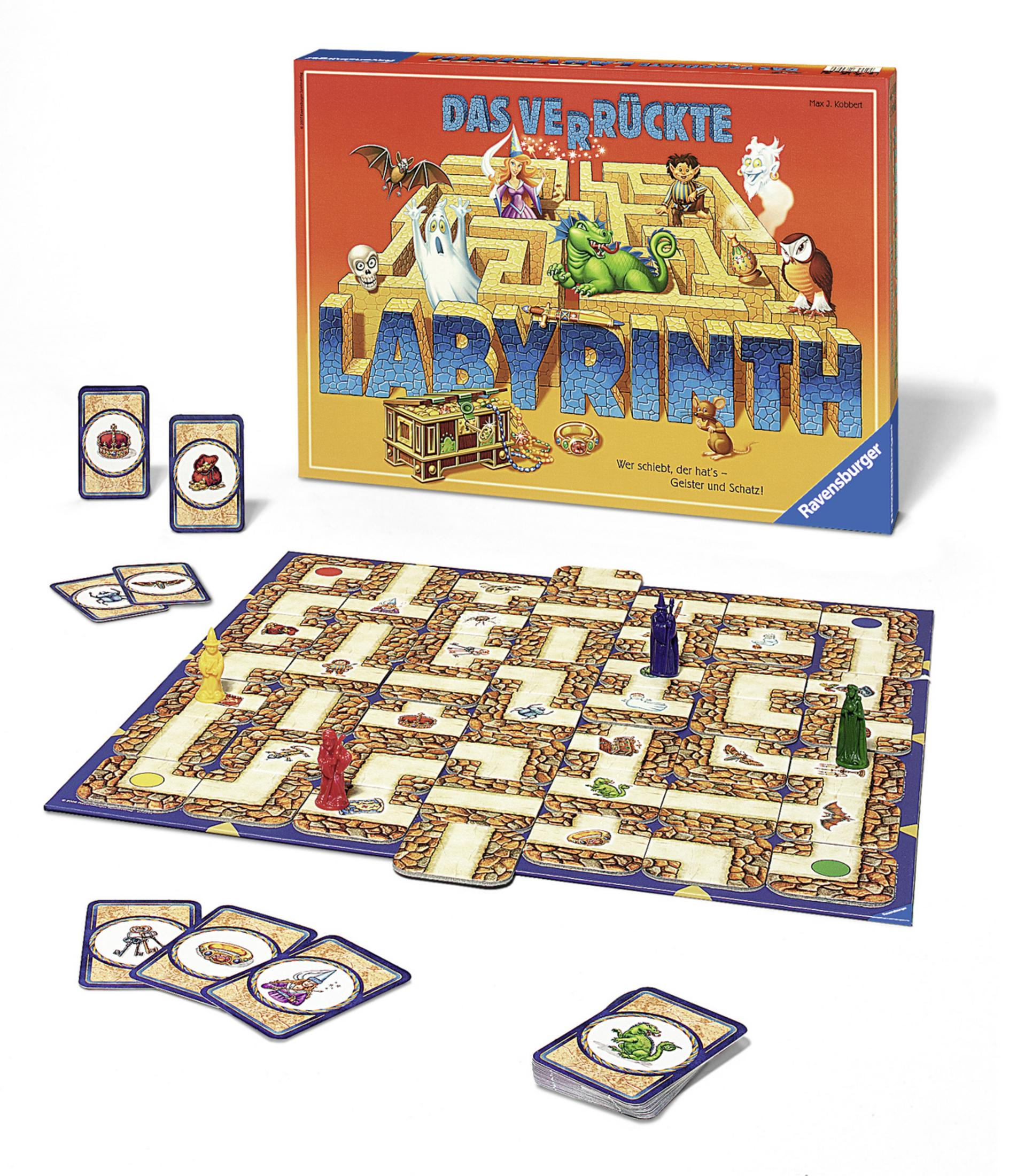 Brettspielbox und Komponenten: Labyrinth-Spiel mit Labyrinth-Design, Spielkarten und Spielsteinen.