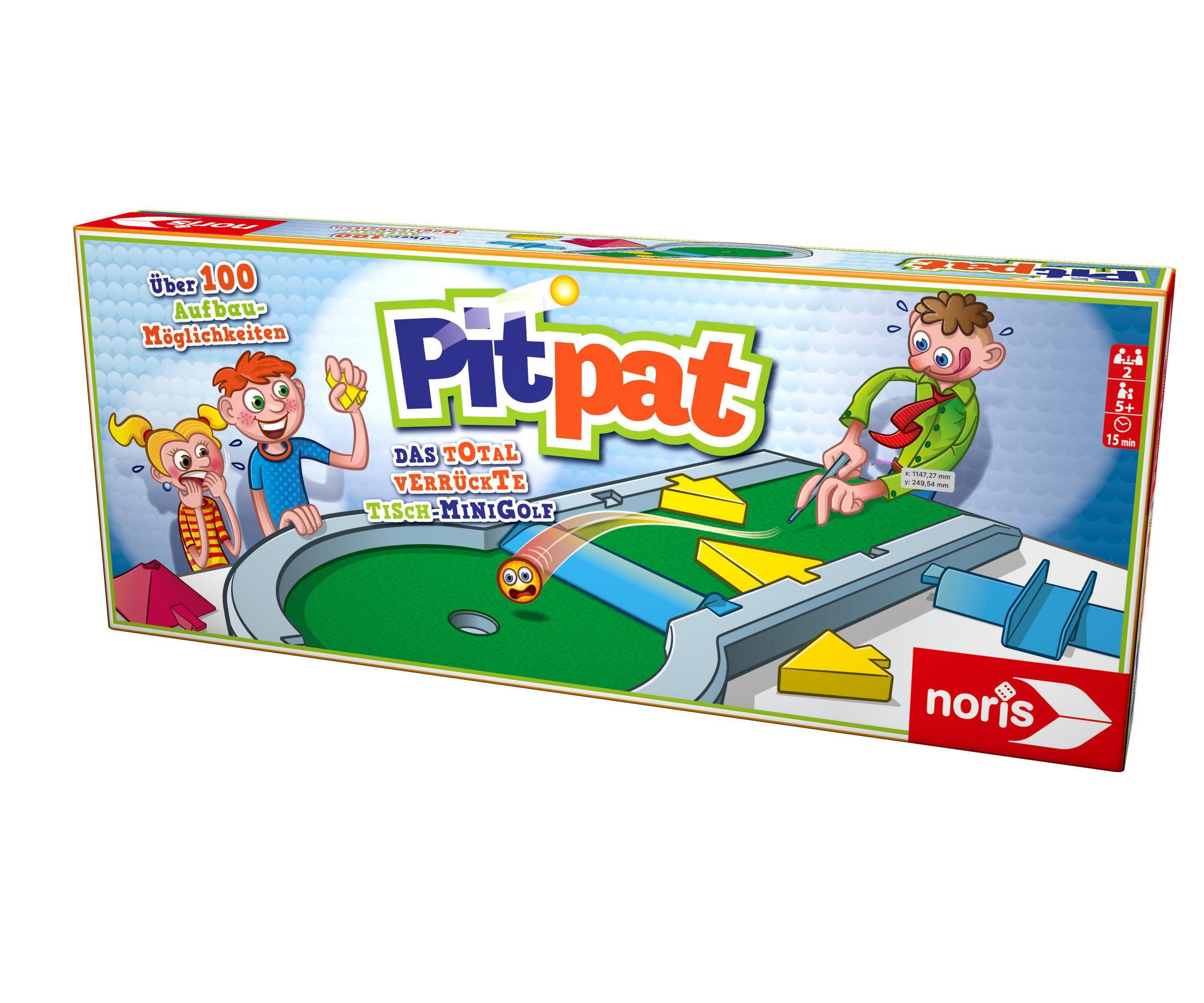 Eine Pitpat Brettspielbox, die einen Minigolfplatz mit animierten Figuren zeigt.