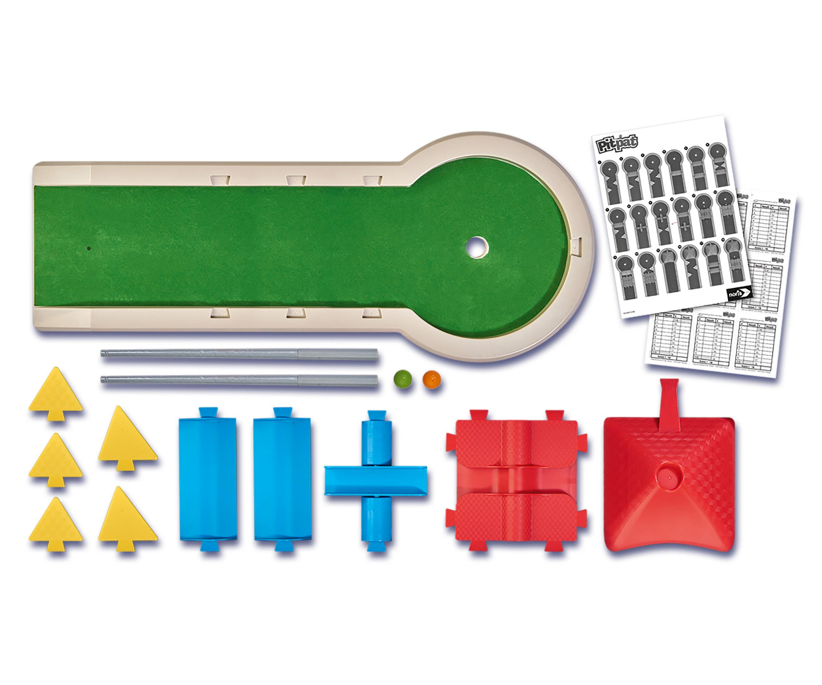Minigolfset mit grünem Parcours, Bällen und Hindernissen. Enthält Spielkarten und Zubehör.