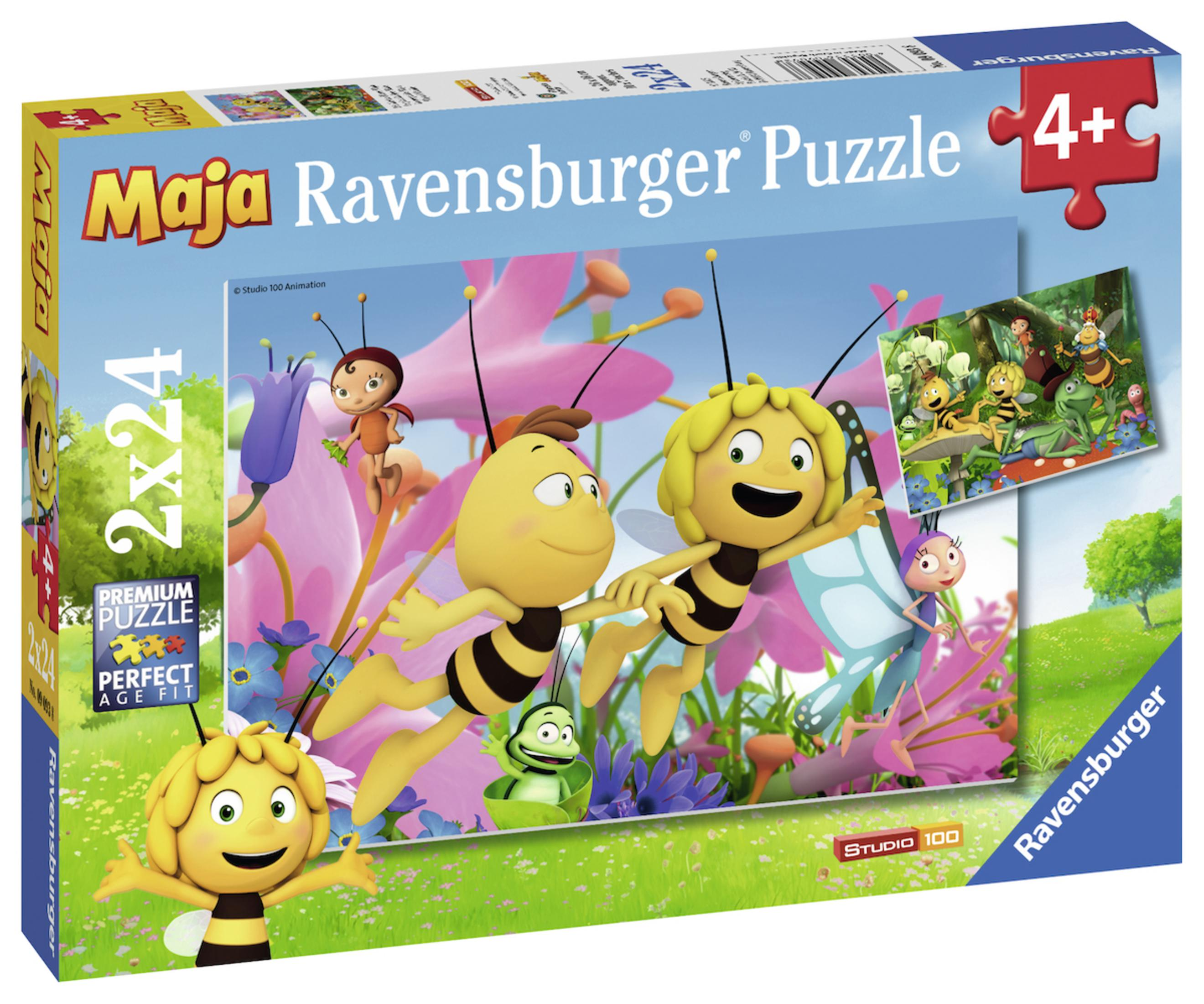 Pudełko z puzzlami. Pszczoły latające wokół kwiatów. Puzzle dla dzieci. Styl kreskówkowy.