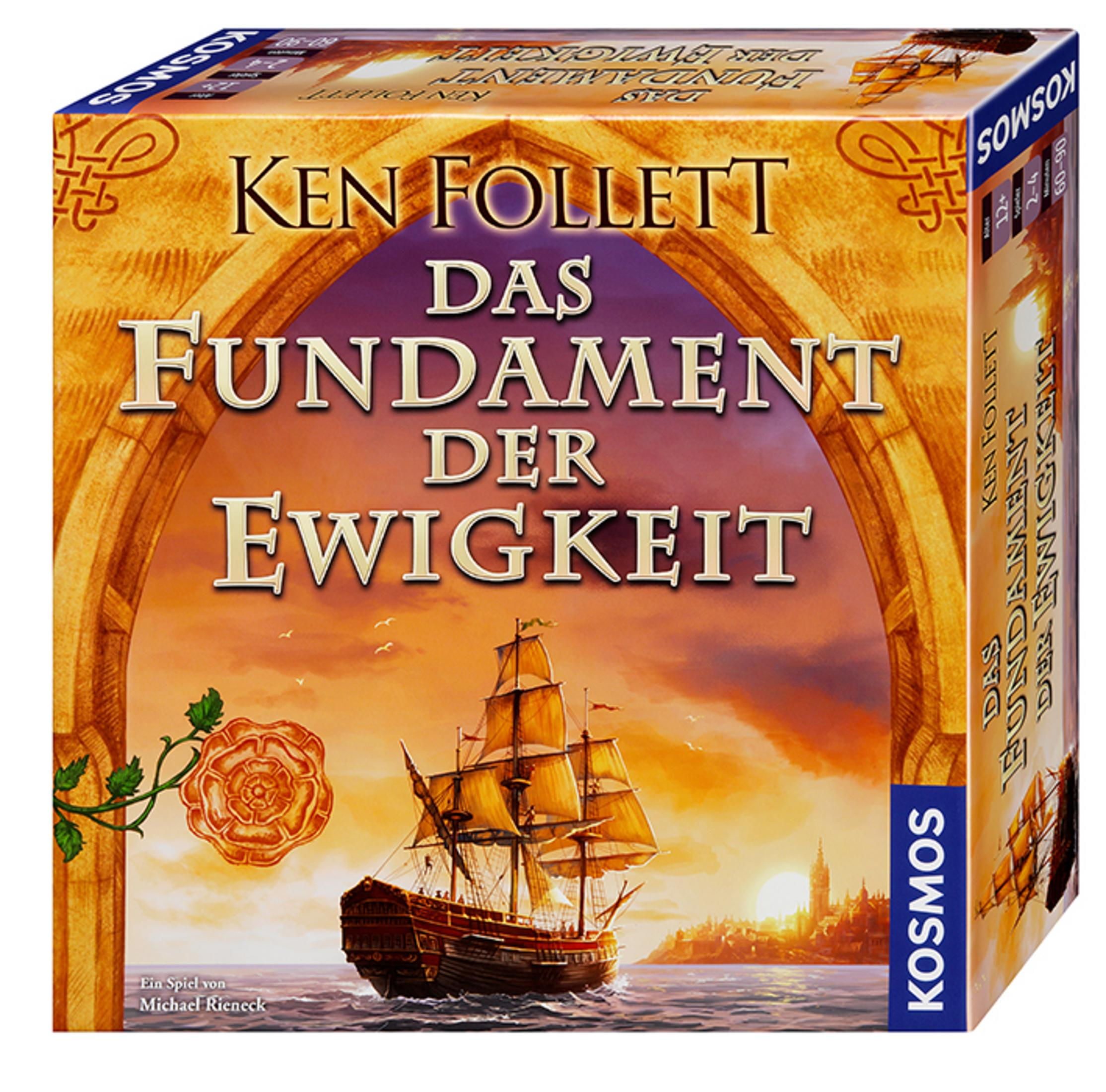 Spielbox: Ken Folletts Das Fundament der Ewigkeit, ein Schiff, das bei Sonnenuntergang in der Nähe einer Stadt segelt.