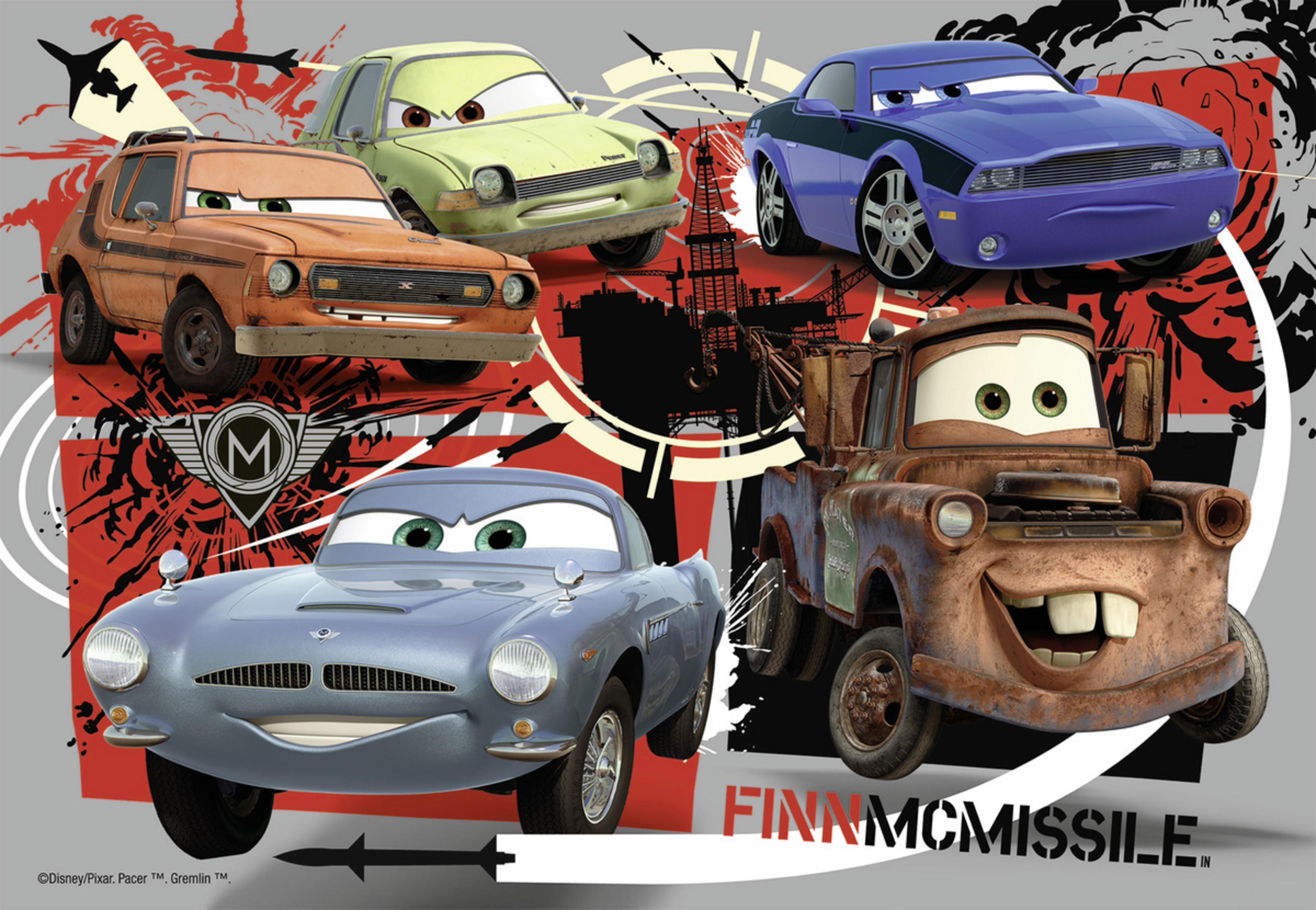 Postacie samochodów z filmu. Wyświetlanych jest pięć samochodów. Tło jest czerwone i szare.