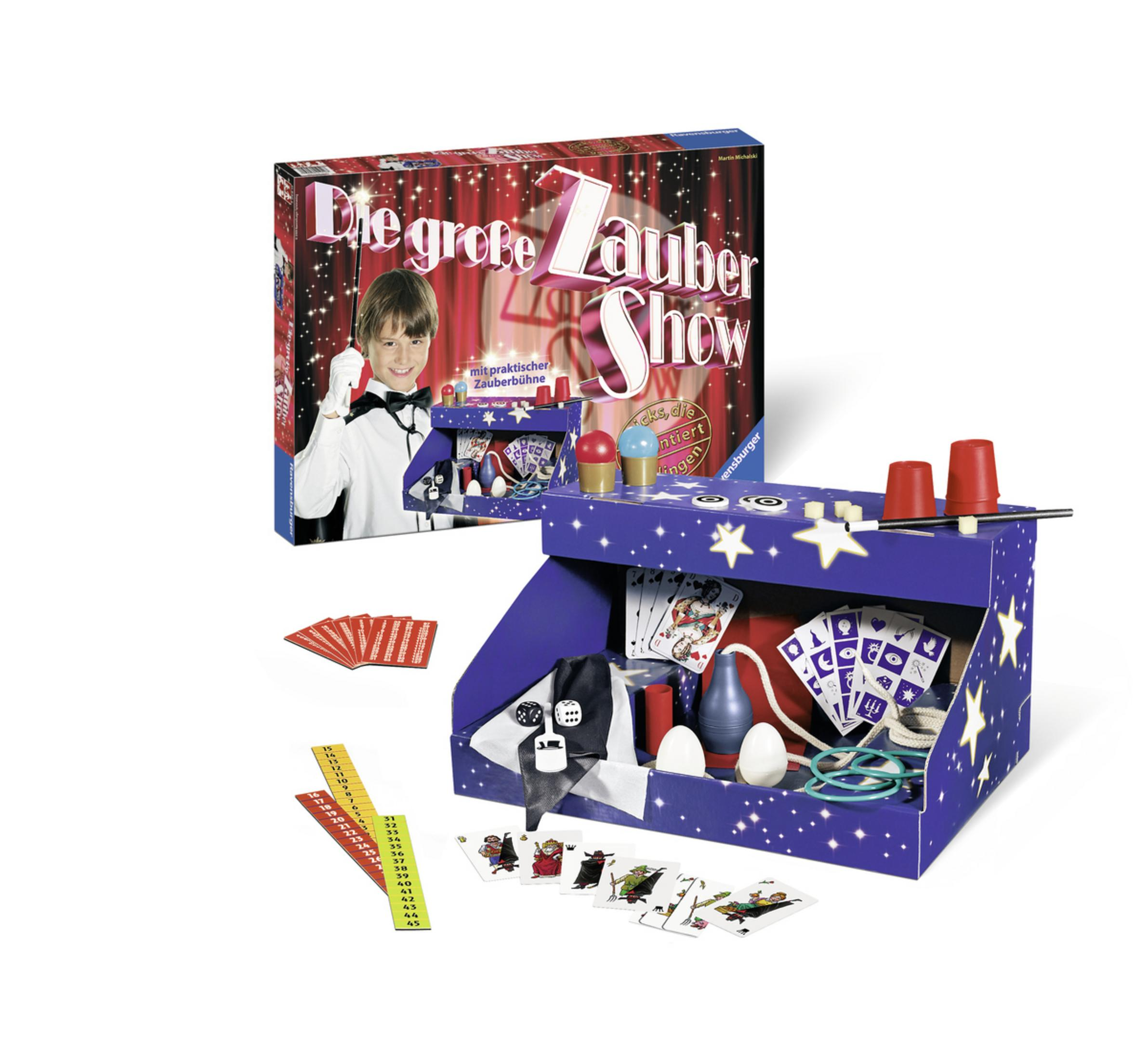 Zaubershow-Box und Inhalt. Junge auf dem Cover. Karten, Requisiten und Bühne in der Box.