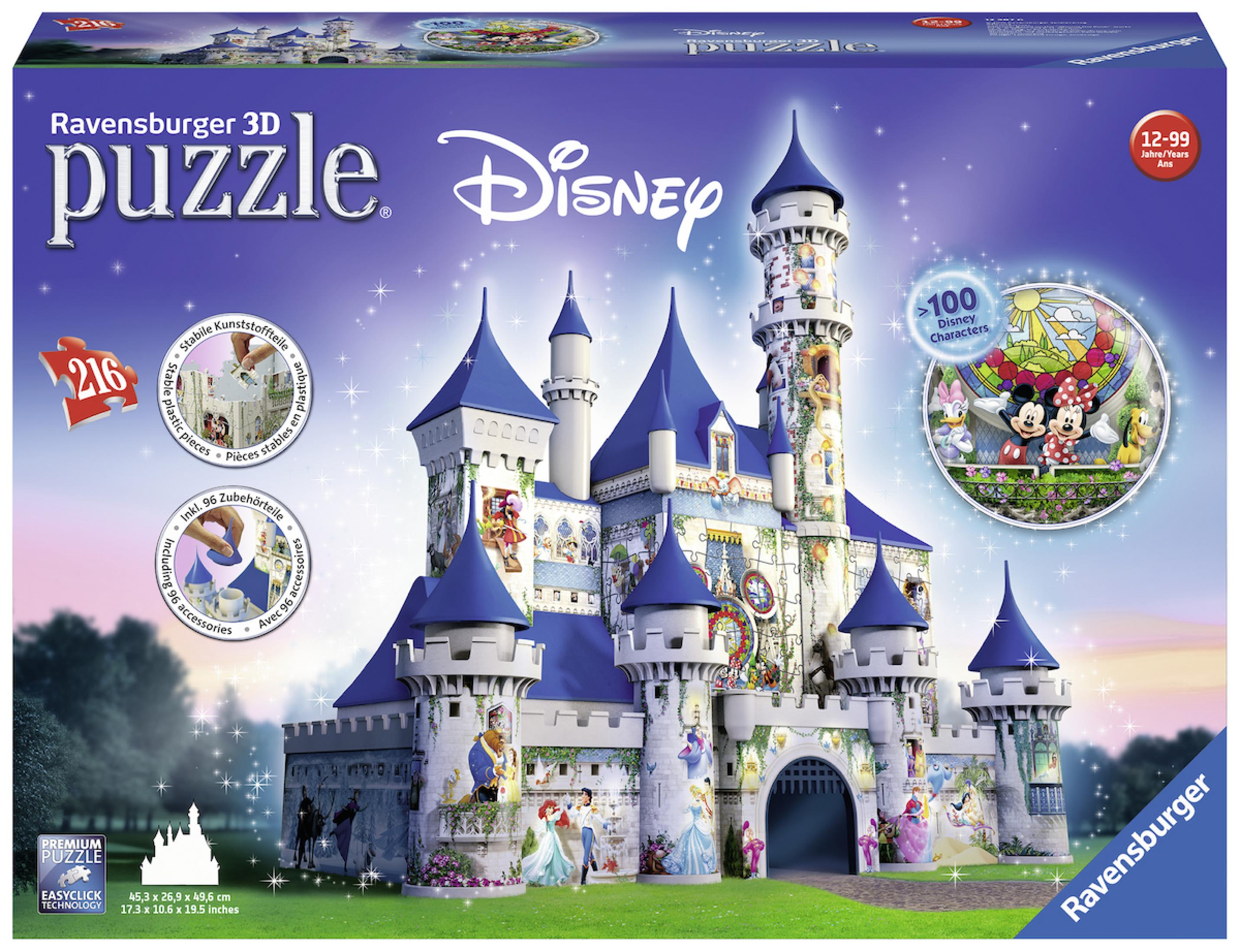 Pudełko z puzzlami 3D Ravensburger Disney. Puzzle z zamkiem z postaciami Disneya.