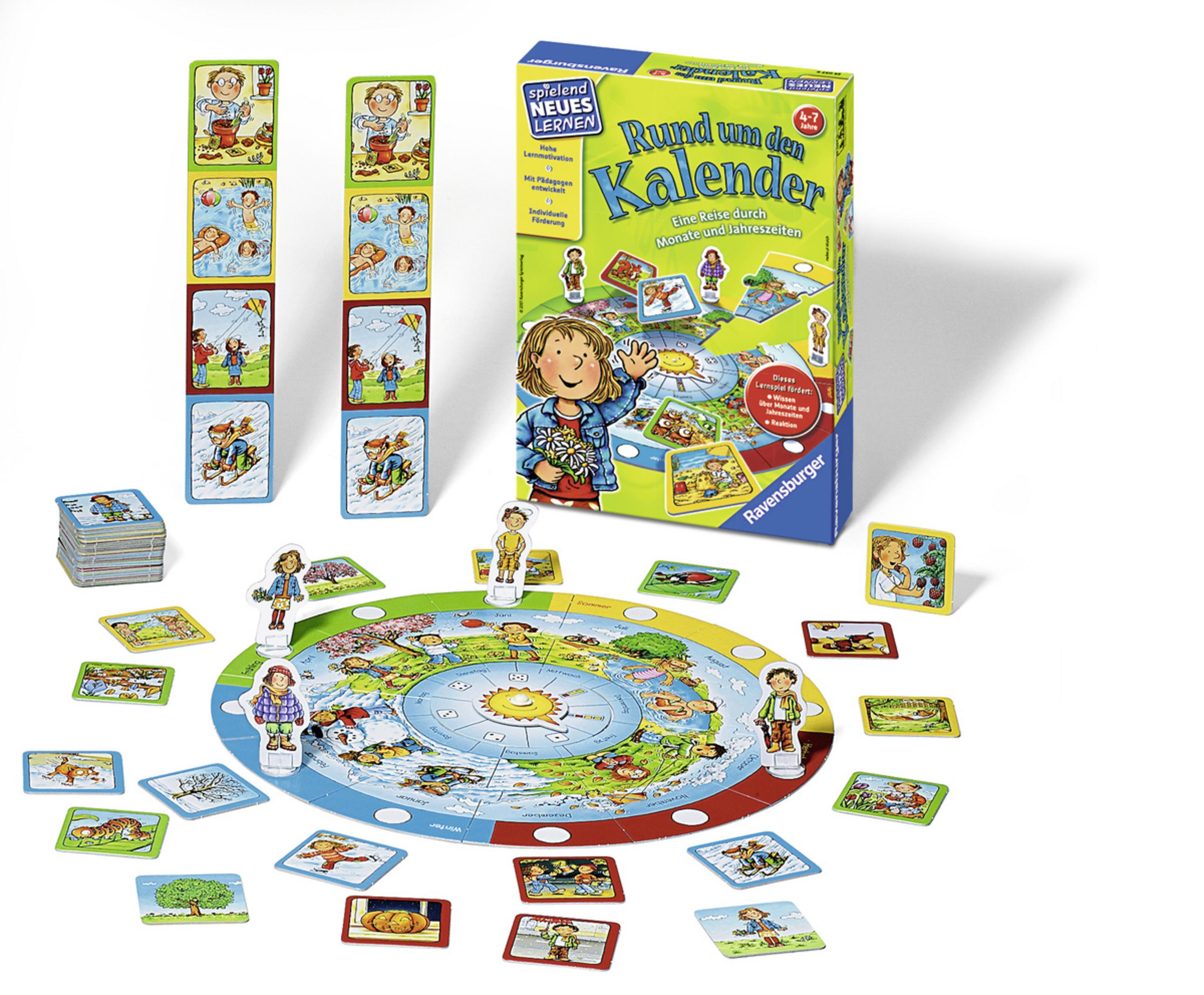 Ein Kinderspiel mit Illustrationen eines Kalenders und spielenden Kindern.
