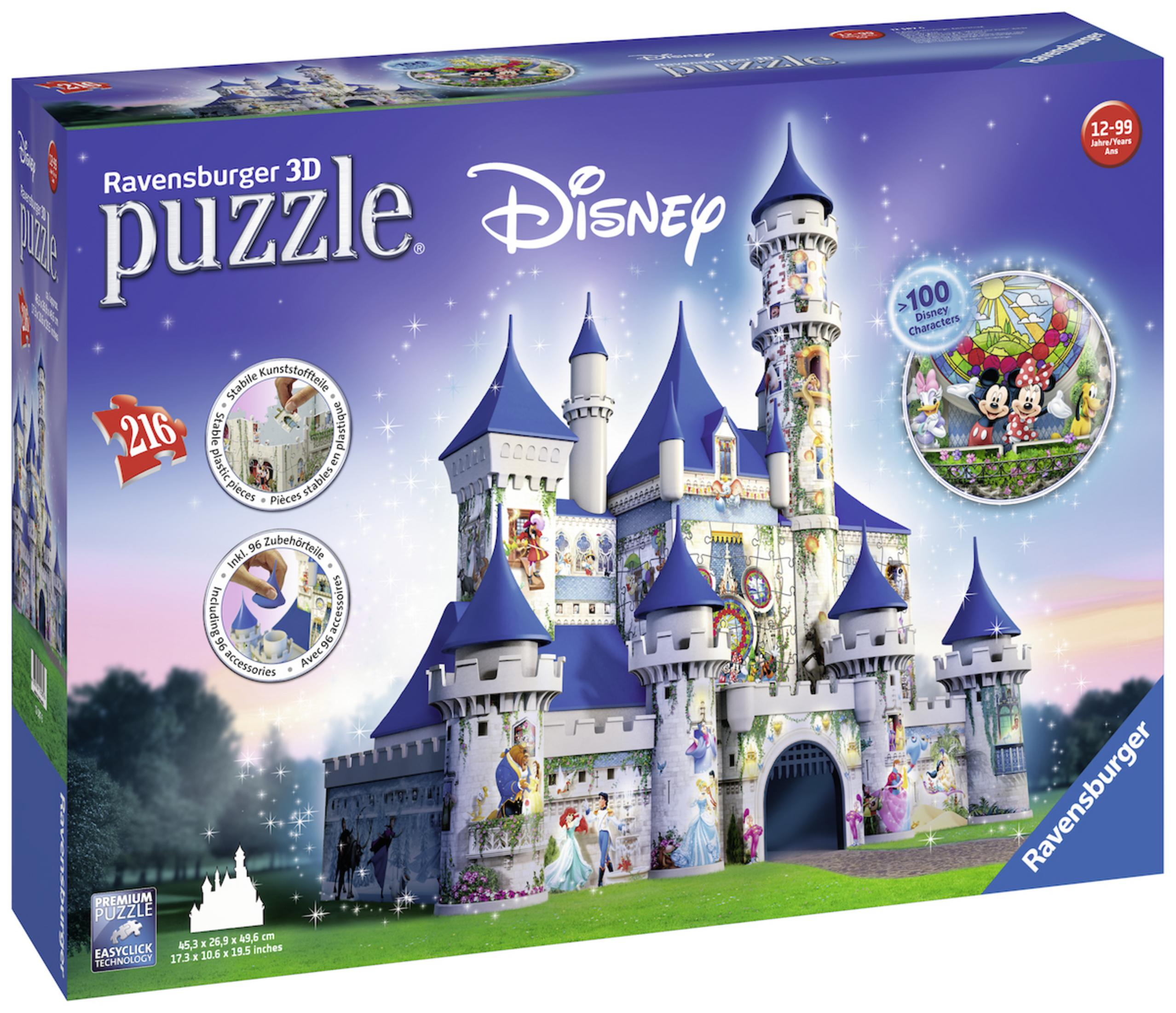Pudełko z puzzlami 3D Disney Ravensburger. Zamek Kopciuszka z wieloma postaciami Disneya.