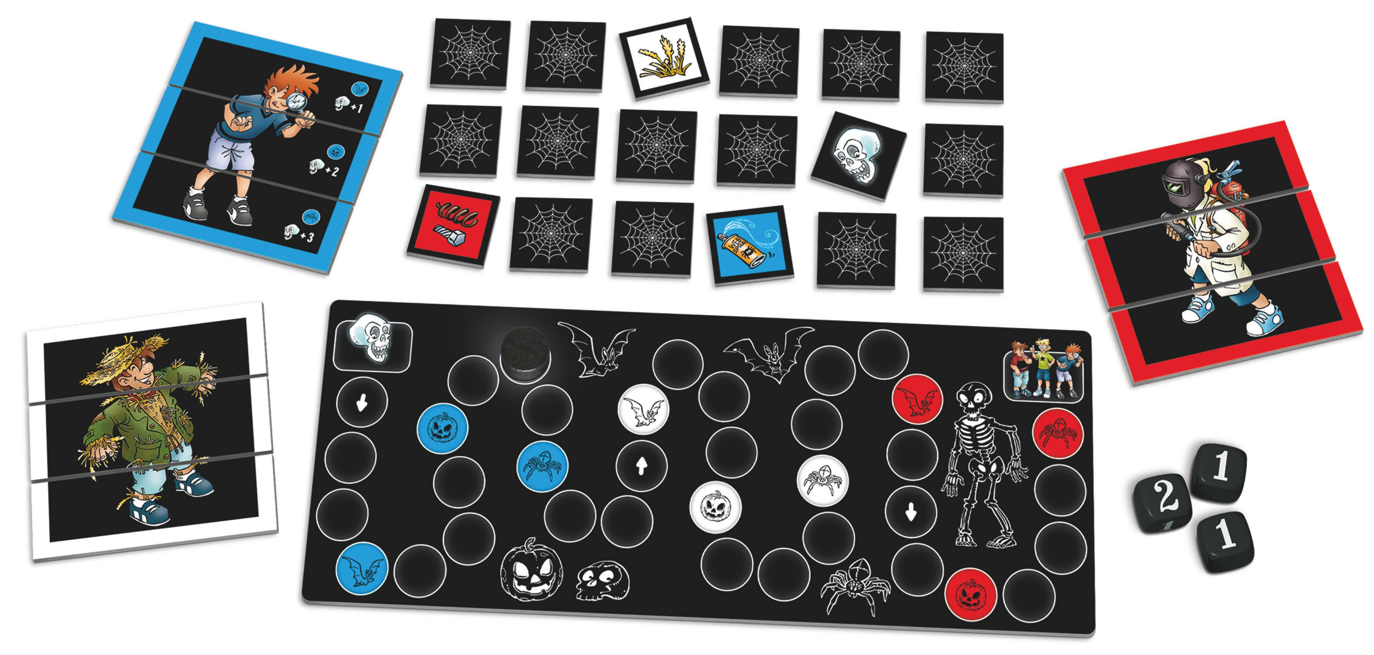 Brettspielteile, einschließlich Karten und ein Spielbrett mit Spinnweben, einem Skelett und Würfeln.