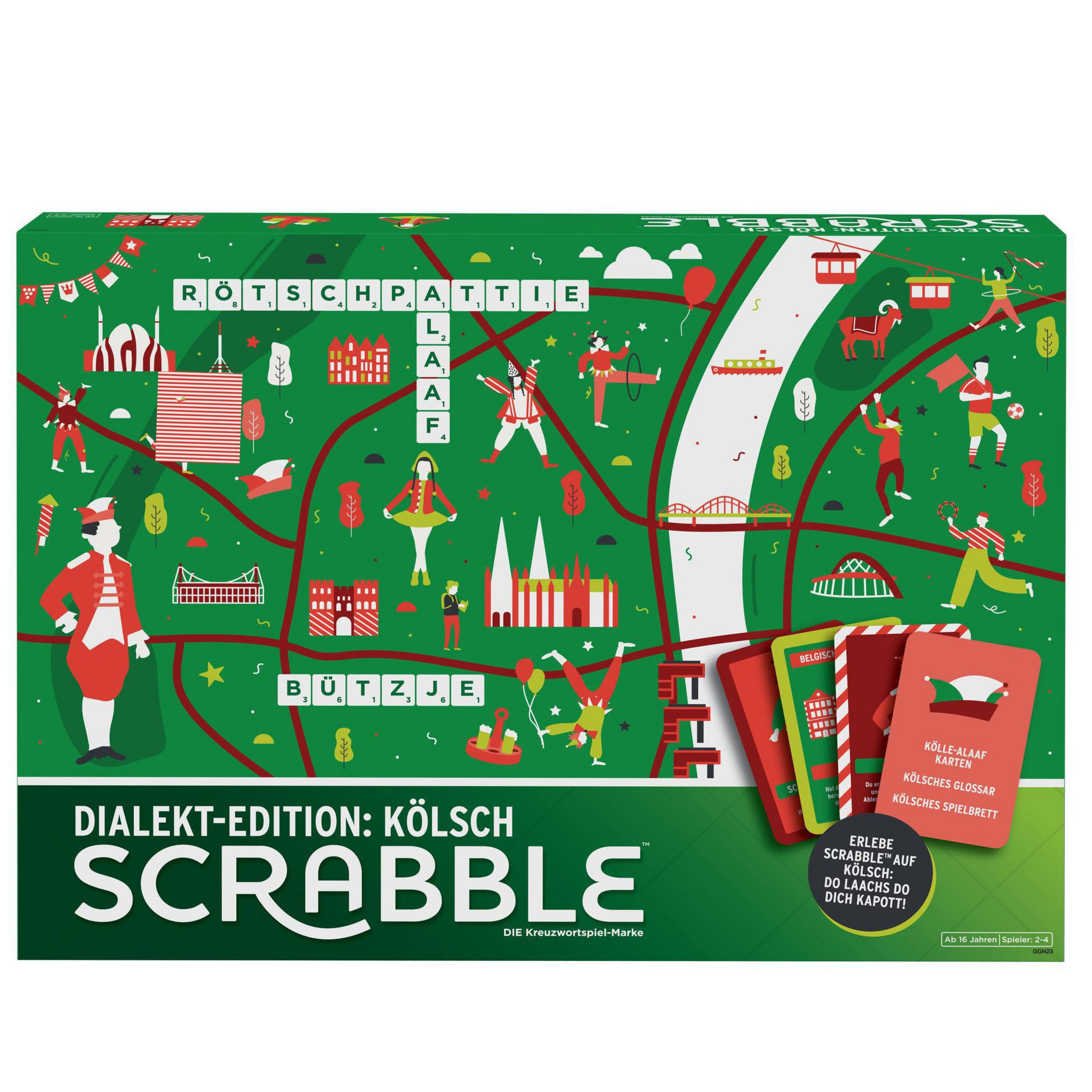 Eine Brettspielbox mit einer Karte und verschiedenen Illustrationen. Scrabble Dialekt Edition: Kölsch.