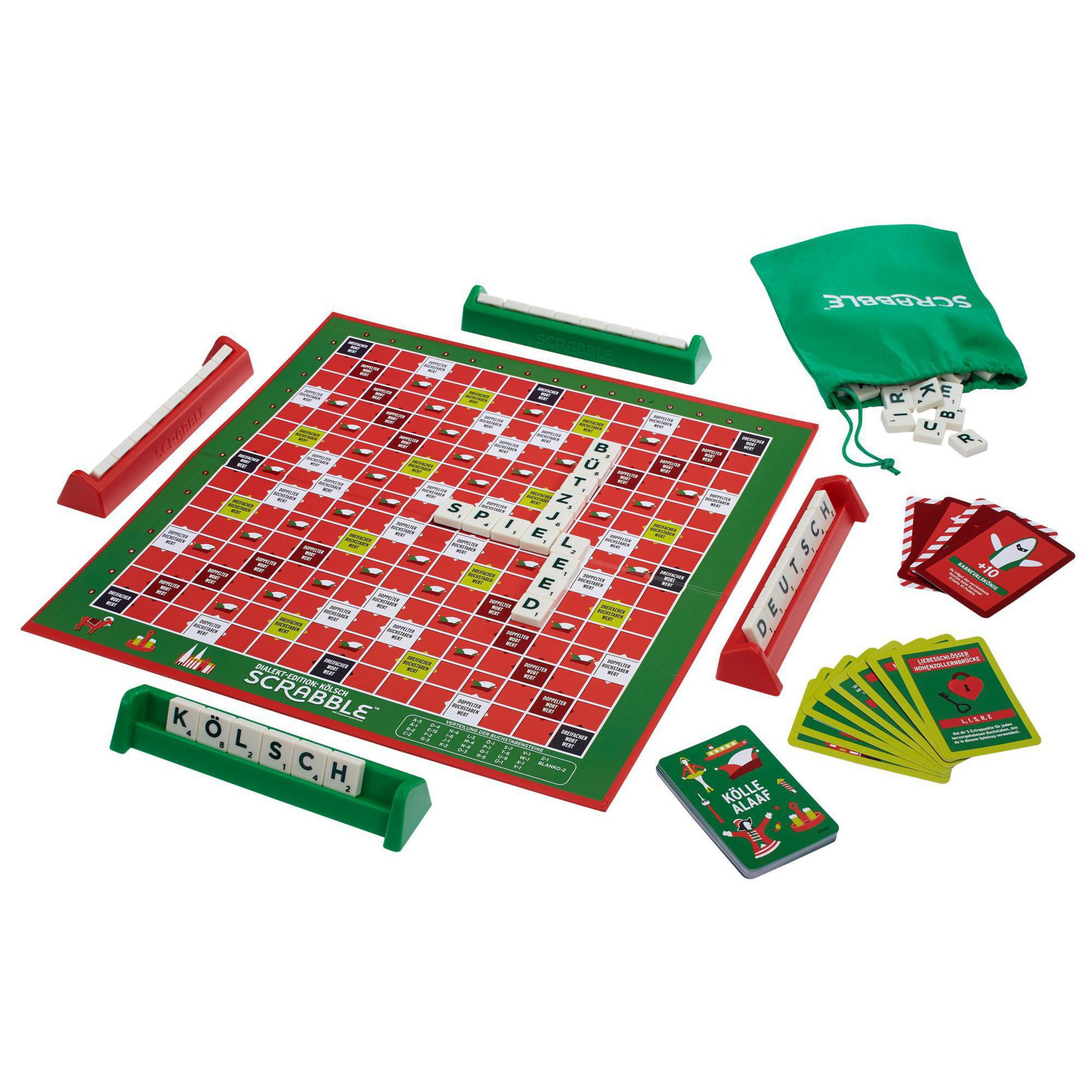 Scrabble-Brettspiel mit roten und grünen Farben. Enthält Brett, Buchstabenablagen, Buchstaben und Spielkarten.