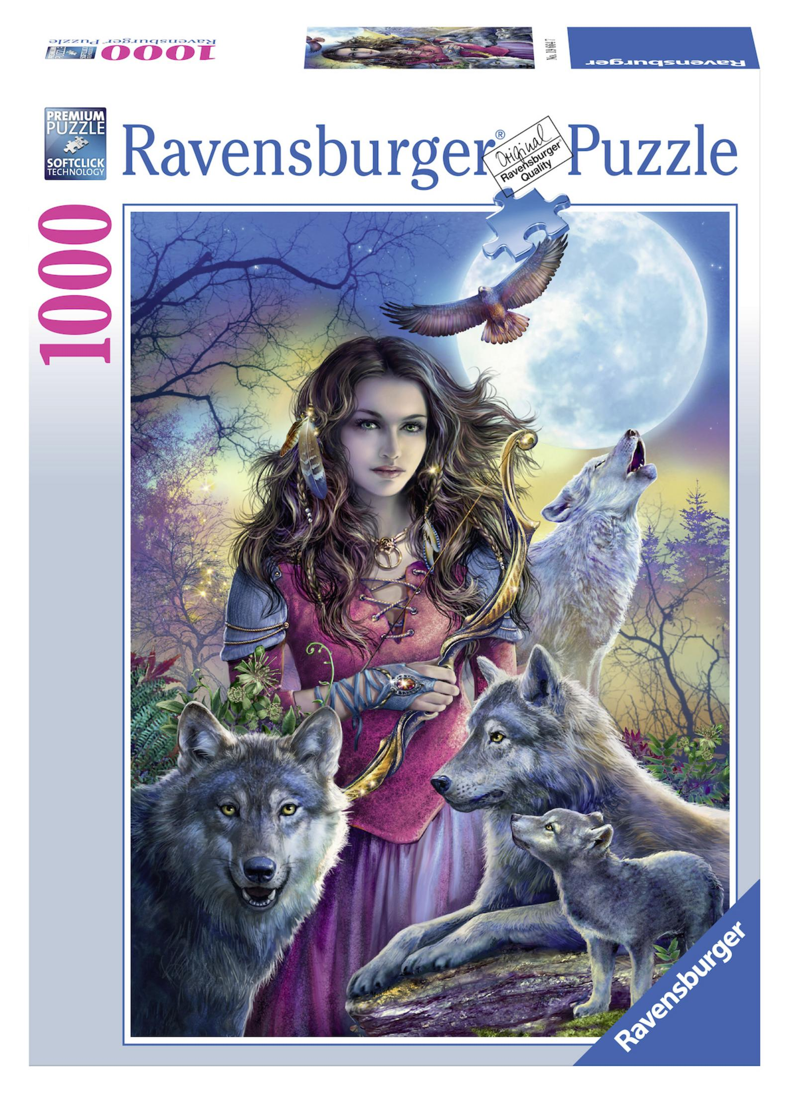 Ravensburger Puzzle-Box mit einer Fantasy-Szene, Wölfen und einer Frau.