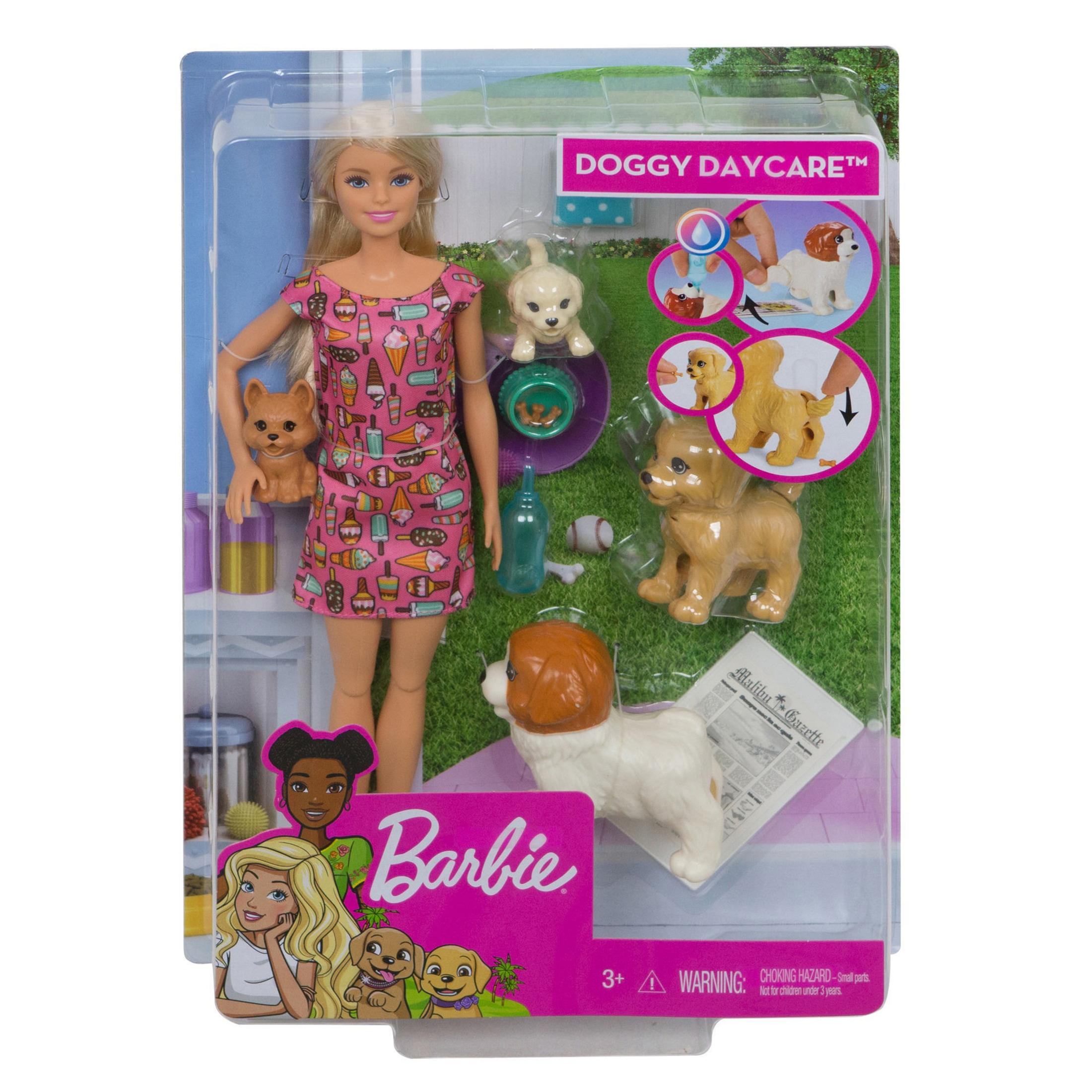Barbie-Puppenset mit Puppen, Hunden und Zubehör.