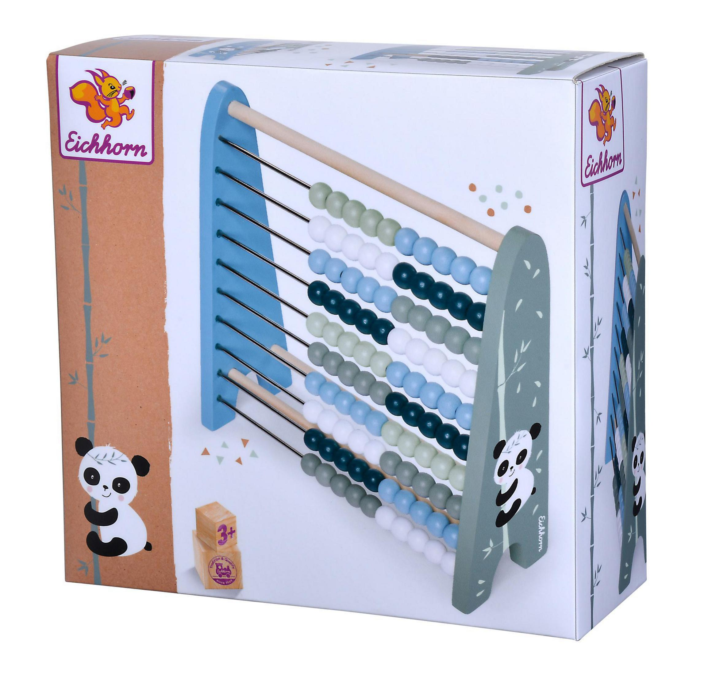 Eine Schachtel mit einem Spielzeugabakus. Es hat Holzperlen, einen Panda auf der Schachtel und ist blau und grün.