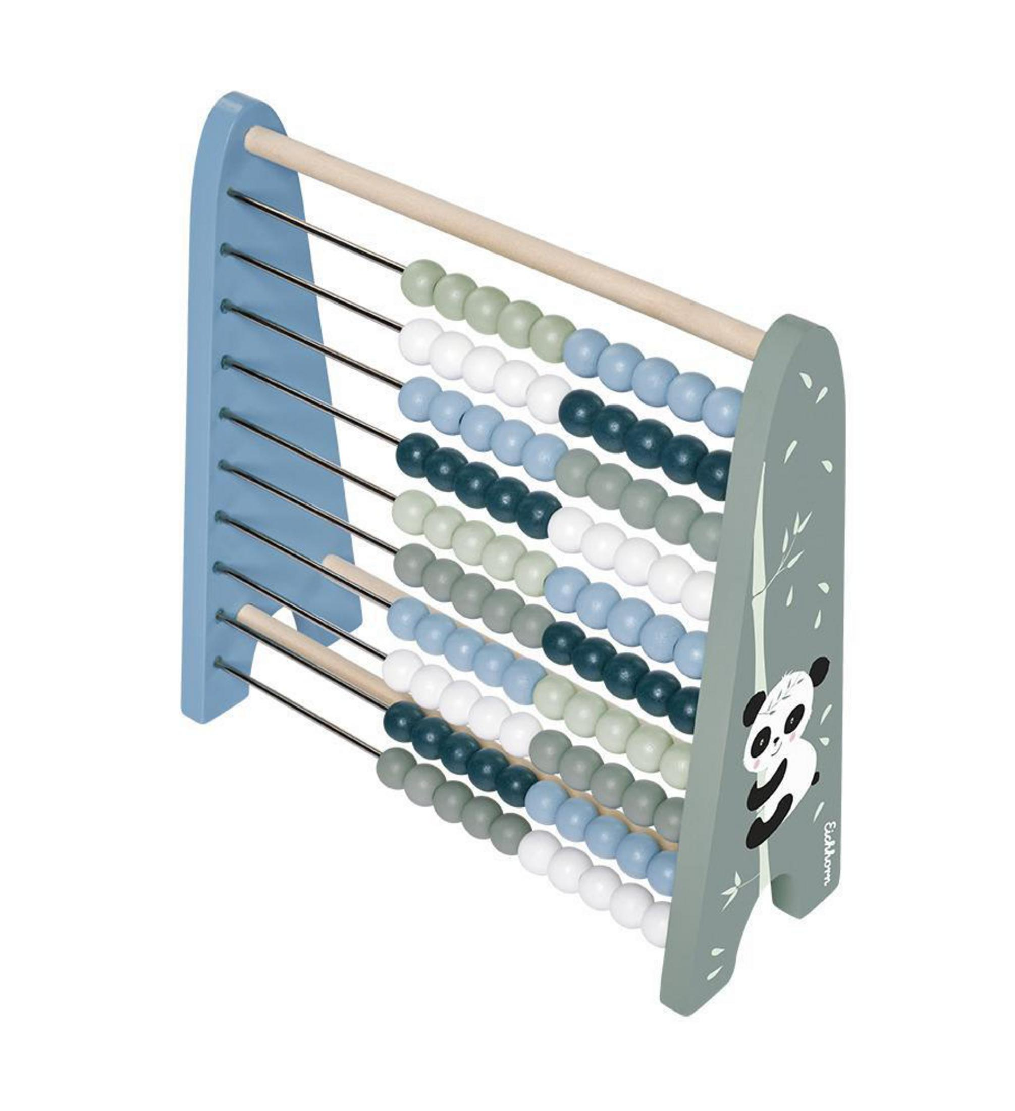 Ein blau-graues Abacus-Spielzeug. Es hat farbige Perlen auf Metallstäben und eine Panda-Illustration auf der Seite.