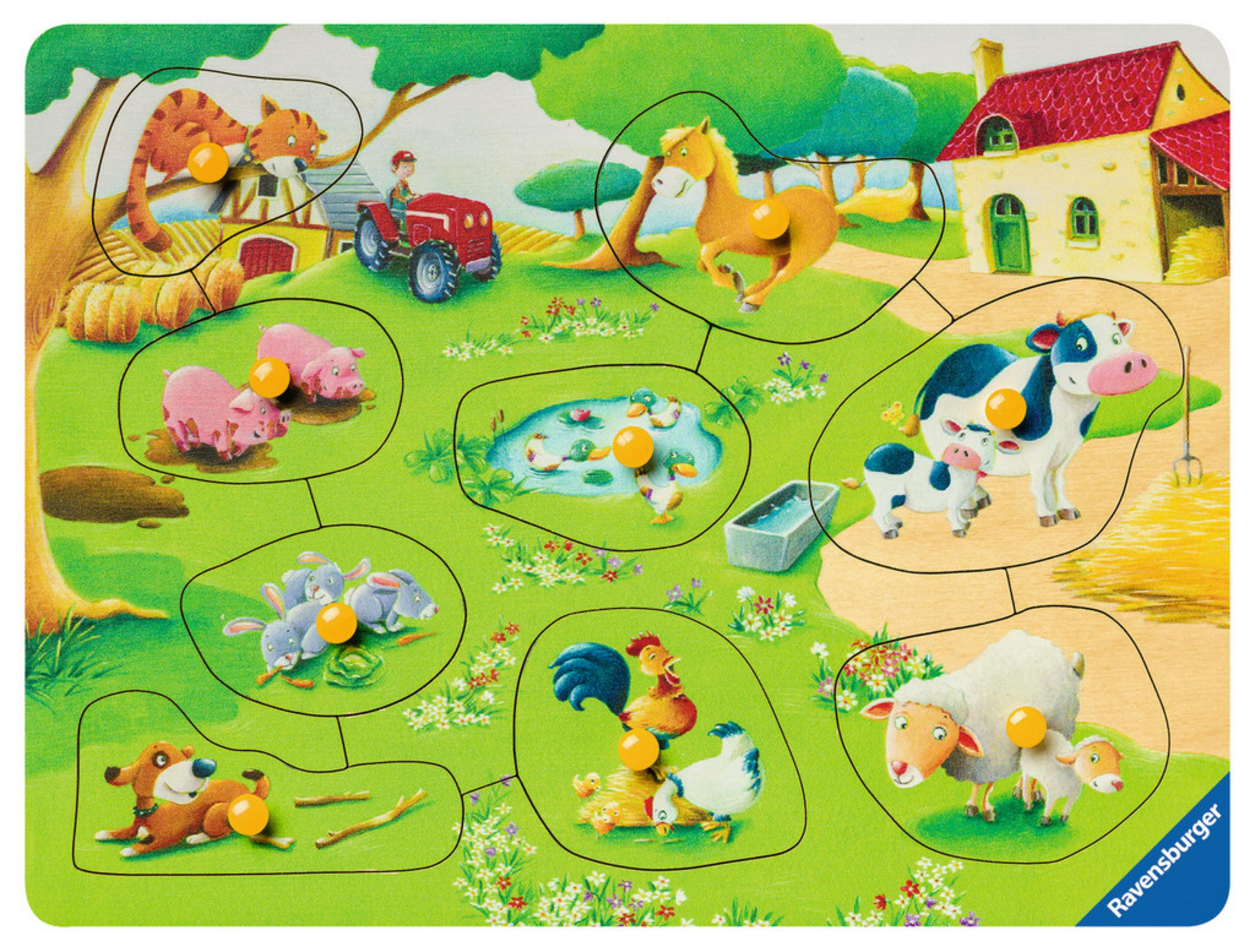 Un puzzle a tema fattoria con vari animali, un trattore e una casa colonica.