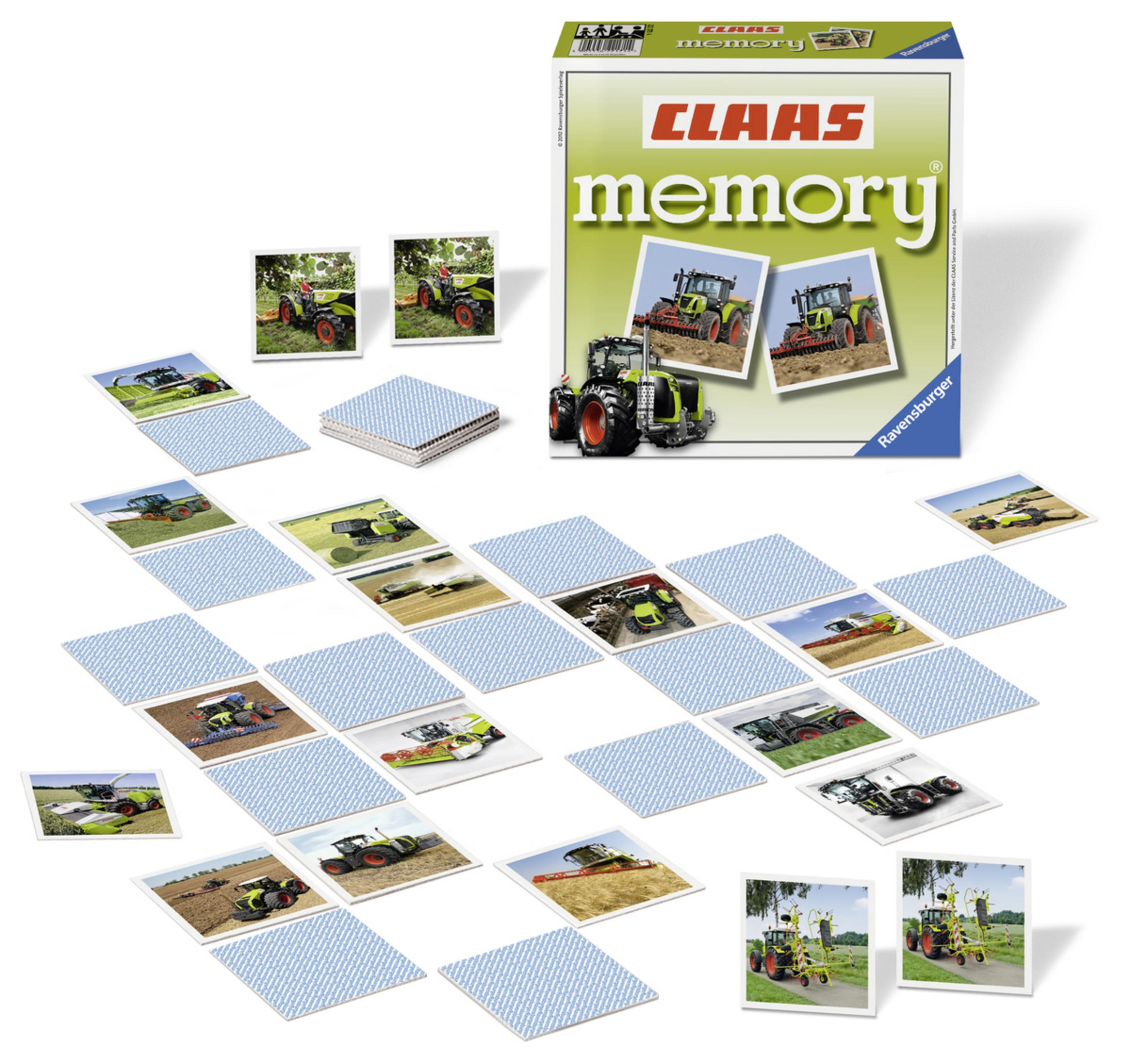 Claas Memory Spielbox mit Traktormotiven auf Box und Karten.