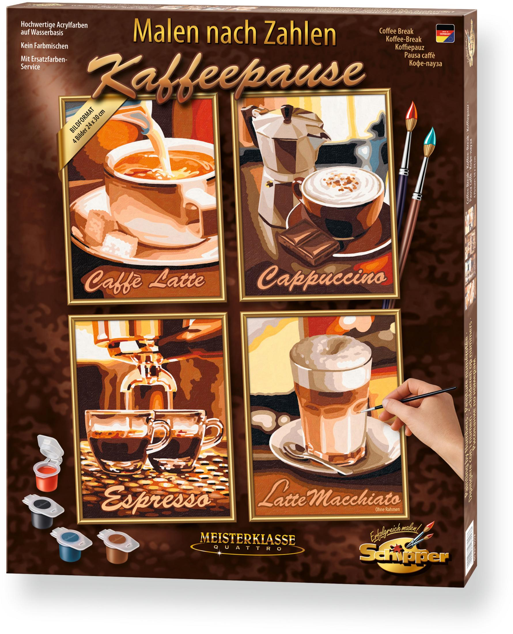 Ein Malen-nach-Zahlen-Set. Vier Kaffeegetränke werden abgebildet: Latte, Cappuccino, Espresso, Macchiato.
