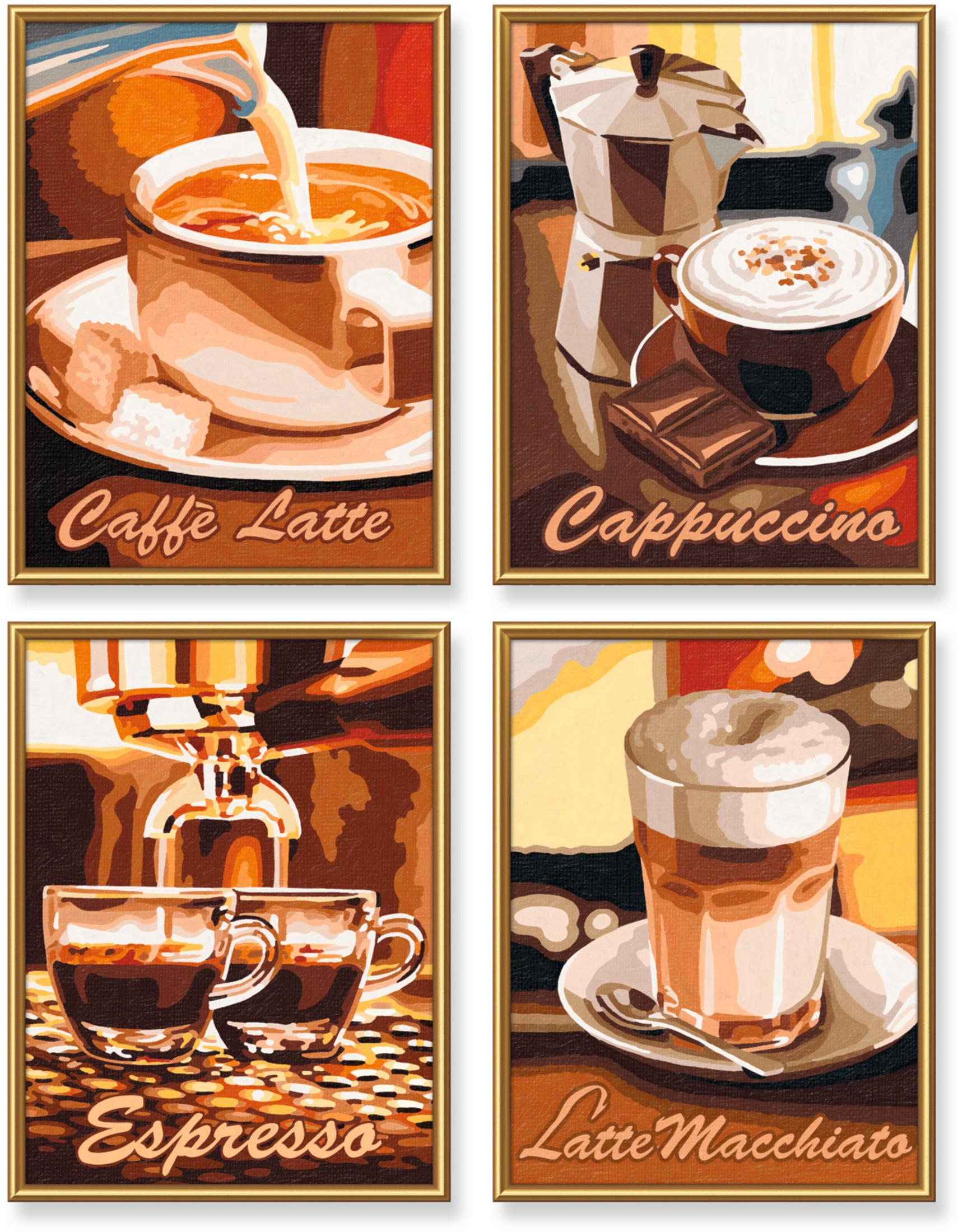 Vier Gemälde von Kaffeegetränken: Caffe Latte, Cappuccino, Espresso und Latte Macchiato.