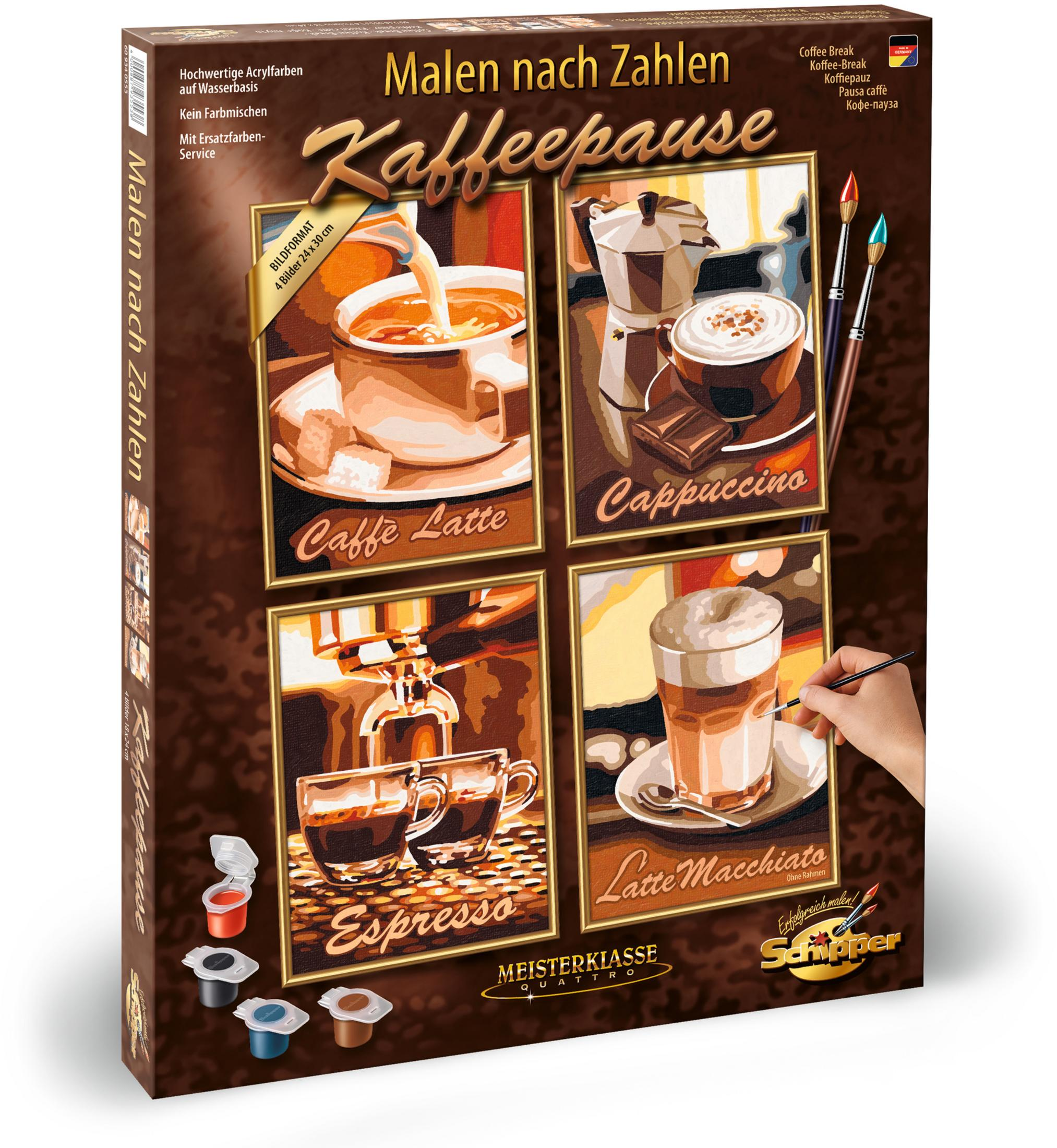 Eine Box mit vier Kaffeebildern mit den Bezeichnungen Caffe Latte, Cappuccino, Espresso und Latte Macchiato.