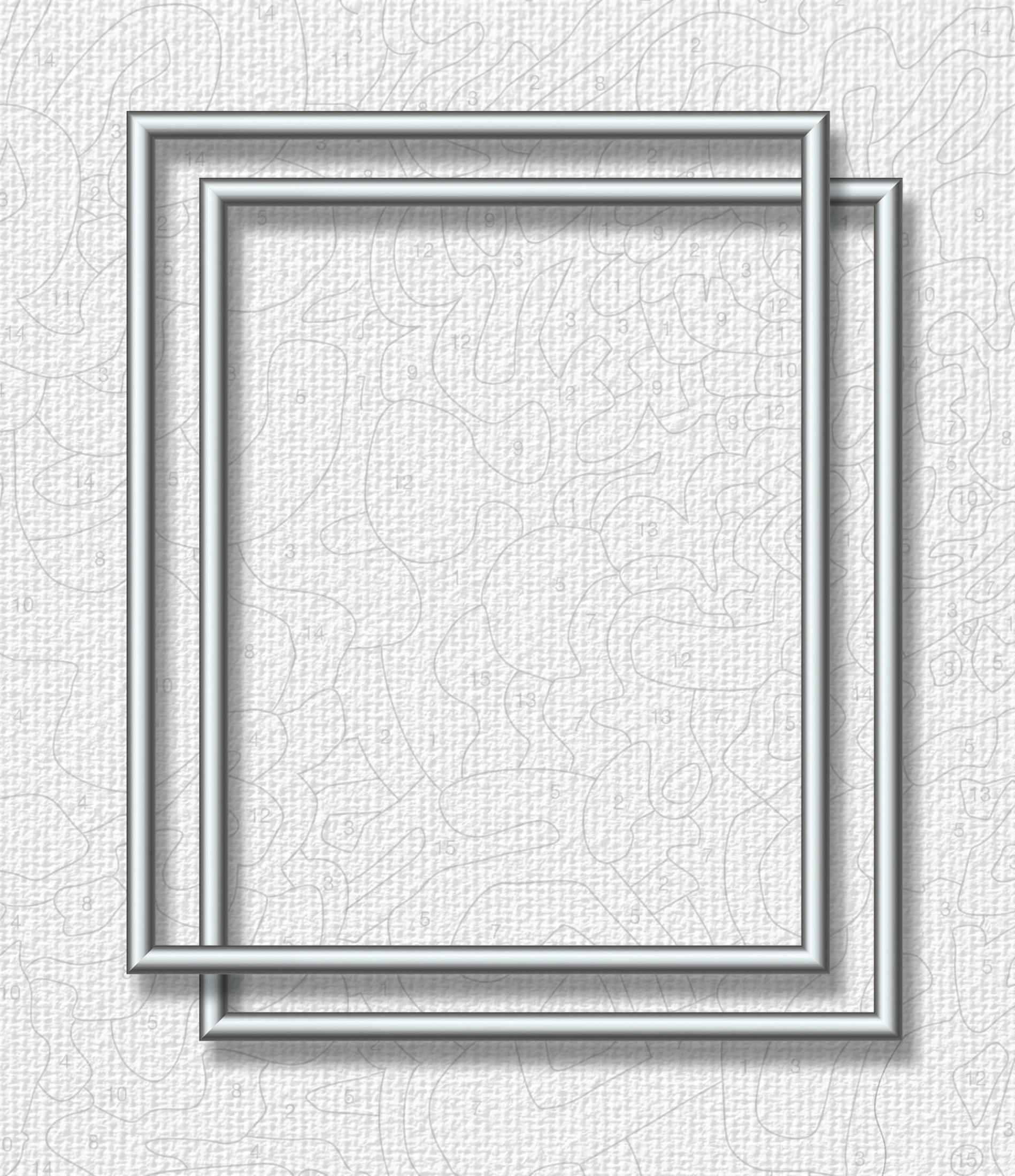 Zwei silberne Rahmen überlappen sich auf einer Leinwand mit Zahlenmuster. Die Rahmen sind leer.