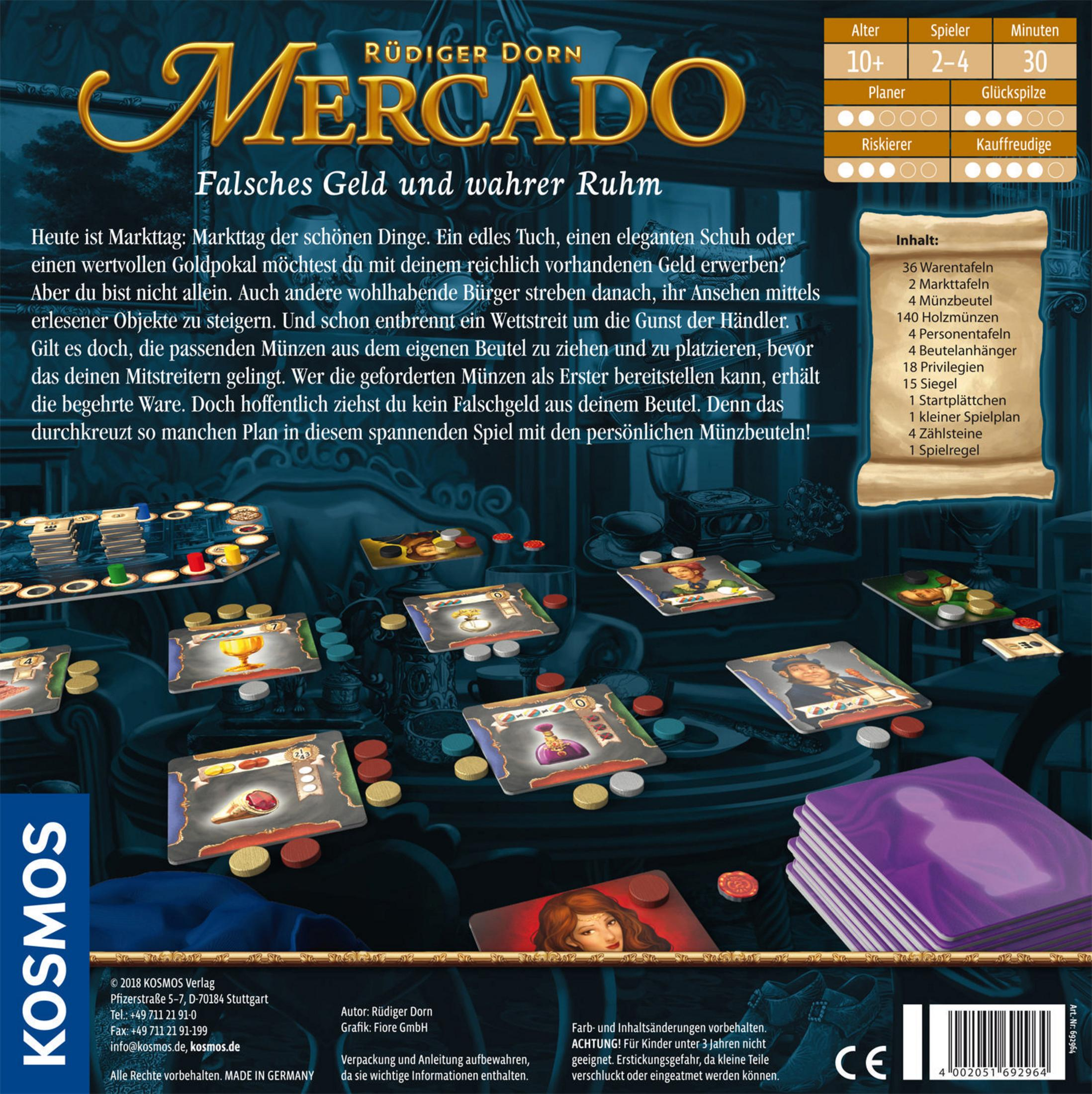 Rückseite der Brettspielbox: Mercado. Text und Illustrationen, die Spielkomponenten und Regeln detaillieren.