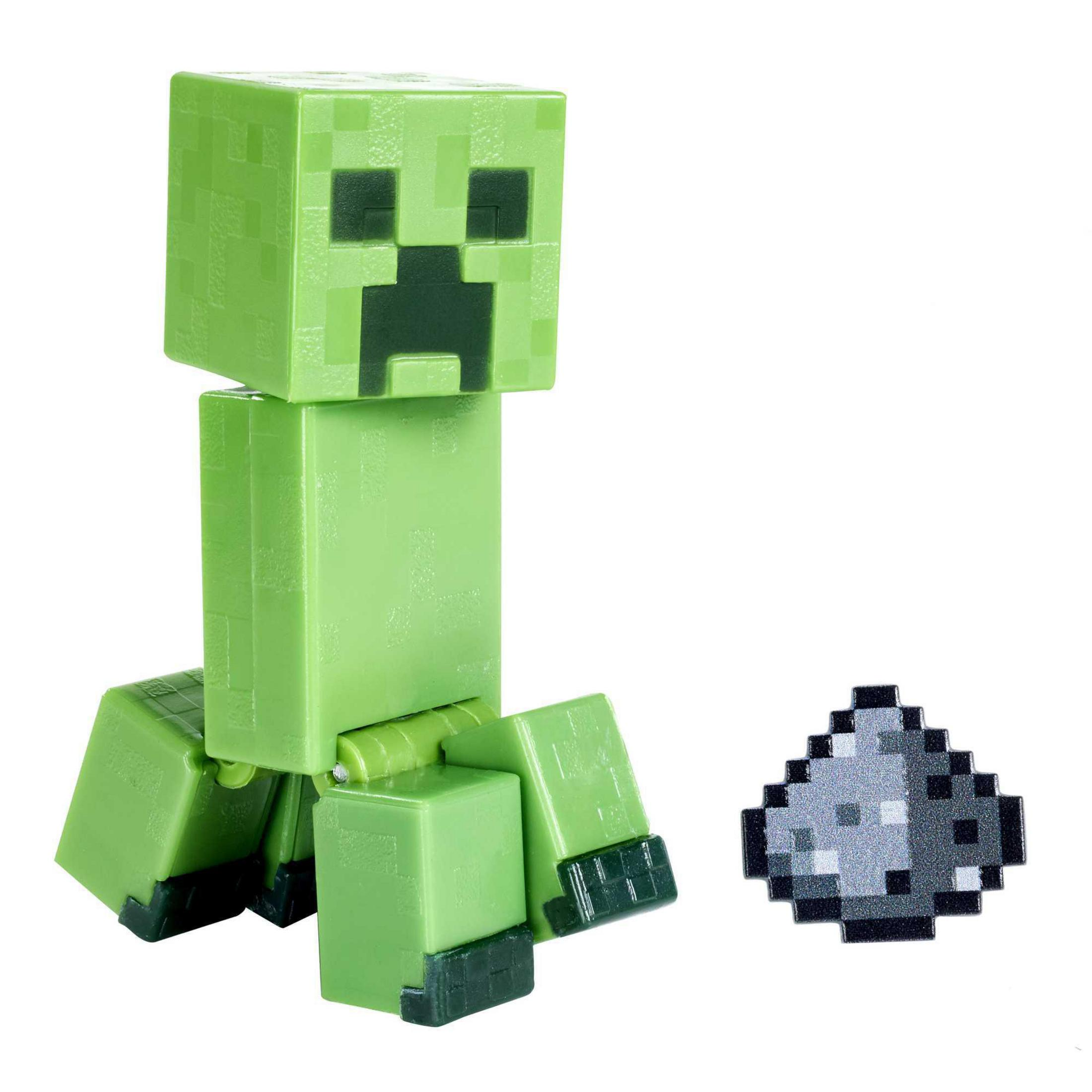 Grünes, quadratisches Minecraft Creeper-Spielzeug mit einem pixeligen Blockzubehör.