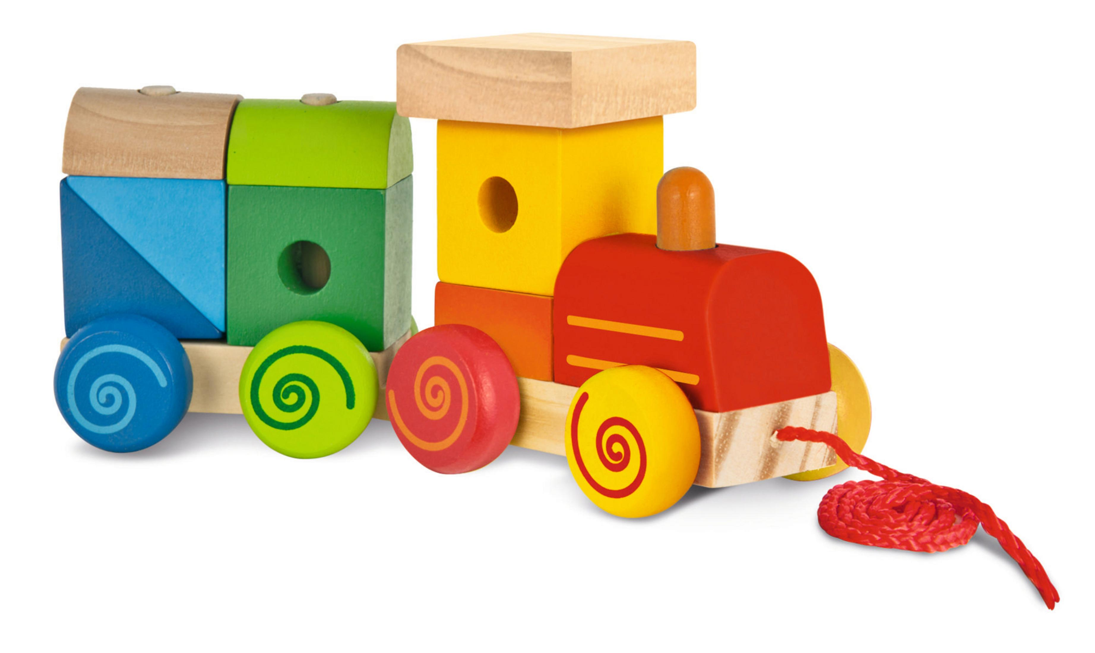 Ein farbenfroher Holzspielzeugzug mit drei Wagen und einem roten Faden.
