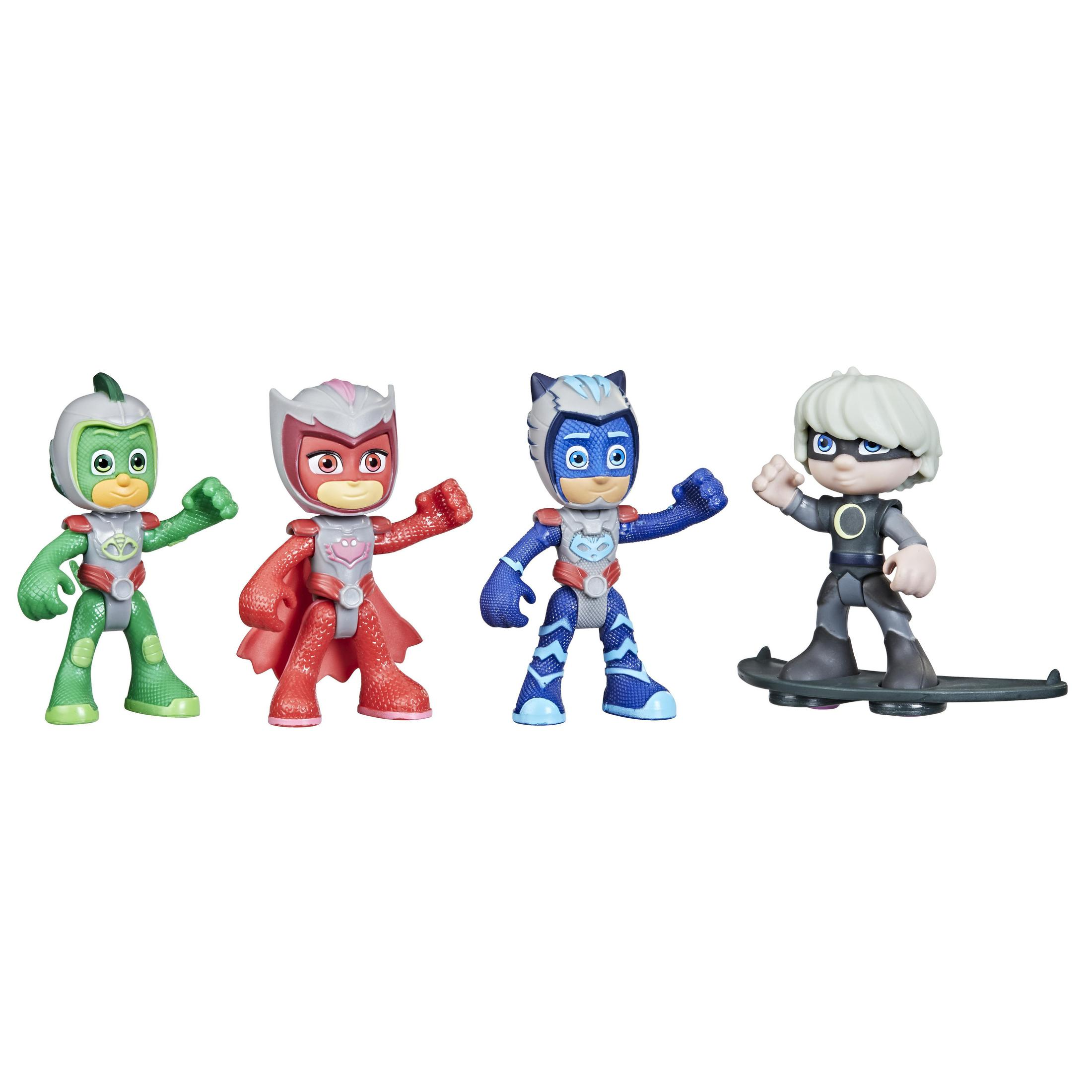 Cztery figurki PJ Masks: Gekko, Sowella, Kotboy i Nocny Ninja.