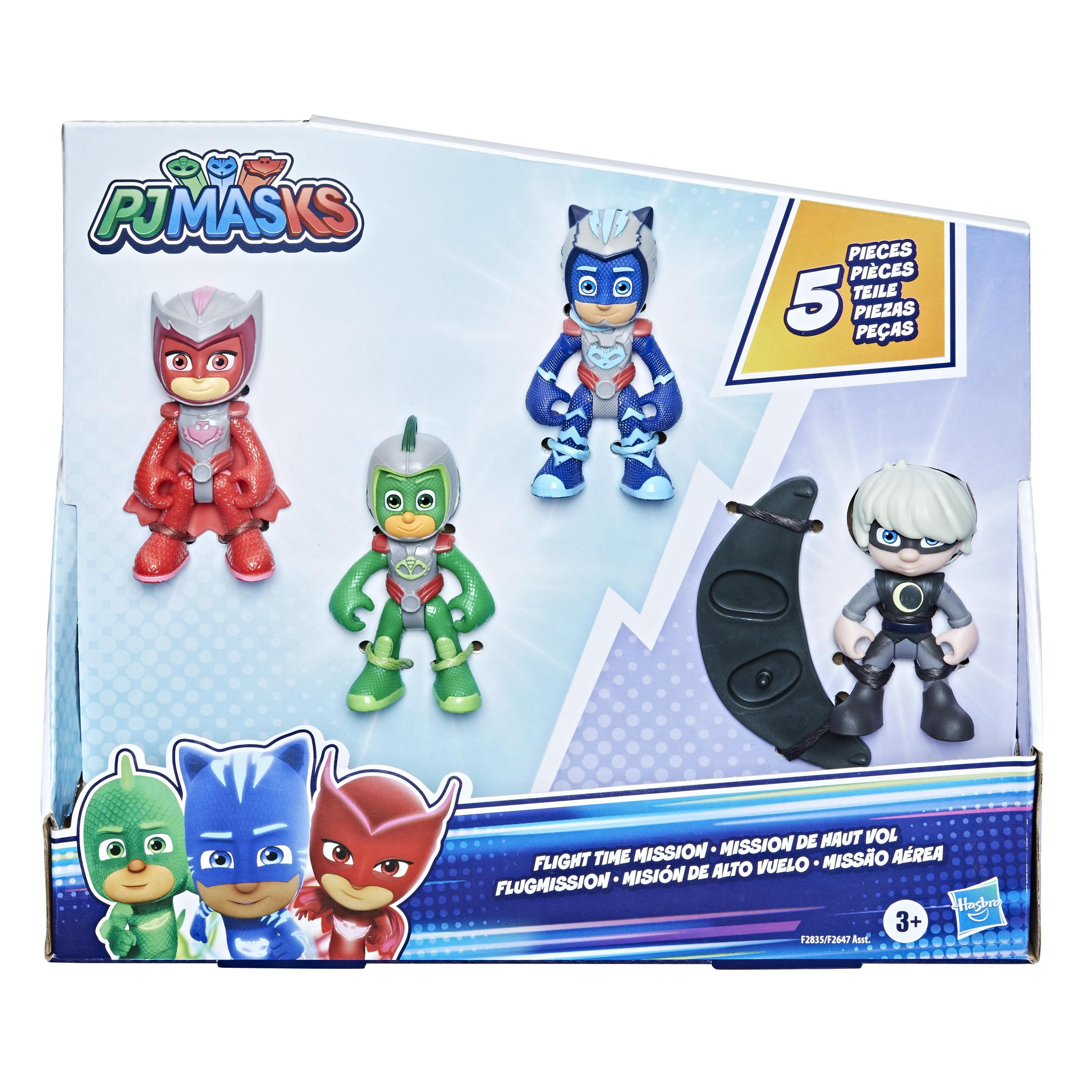 Zestaw zabawek PJ Masks z figurkami postaci. Opakowanie jest biało-niebieskie.