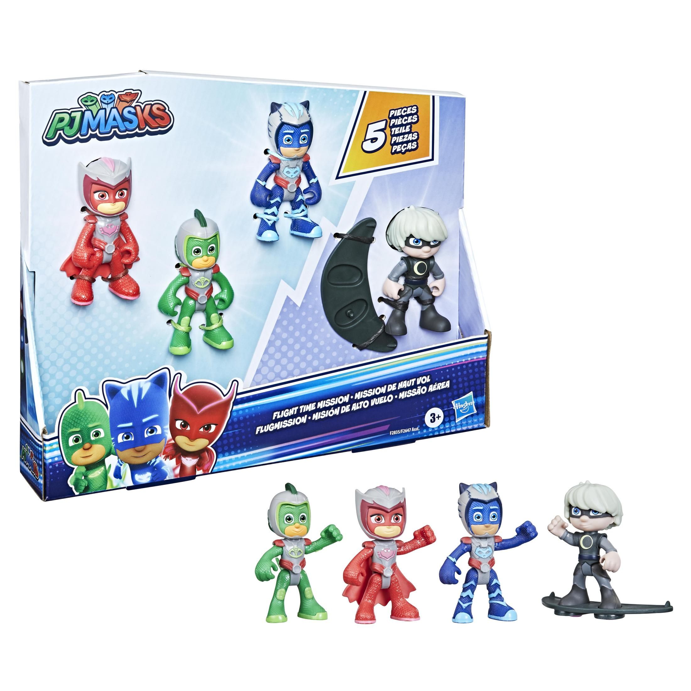 Zestaw zabawek PJ Masks z figurkami i akcesoriami, zaprezentowany w pudełku.