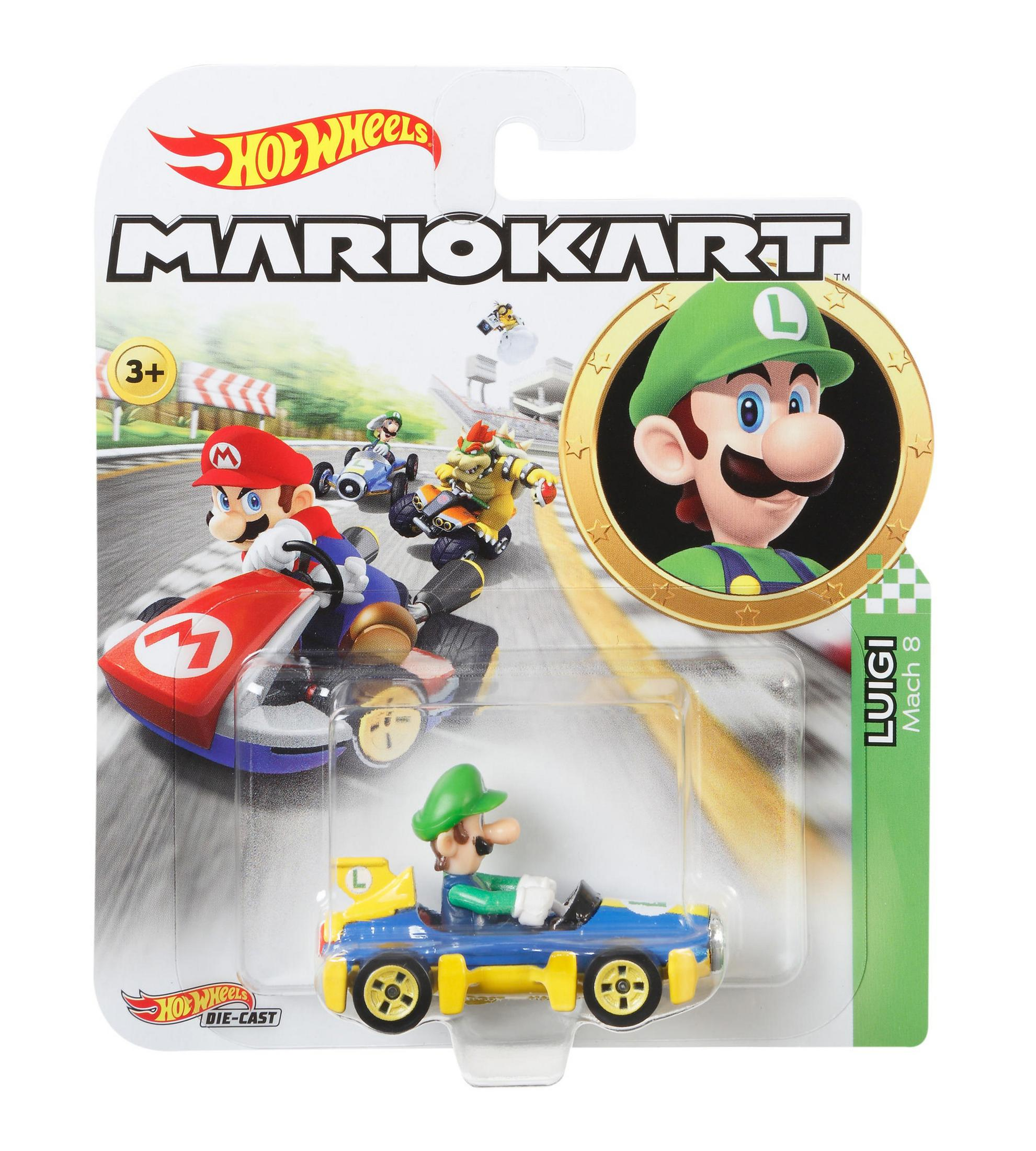 Hot Wheels Mario Kart Spielzeugverpackung mit Luigi und seinem Auto.