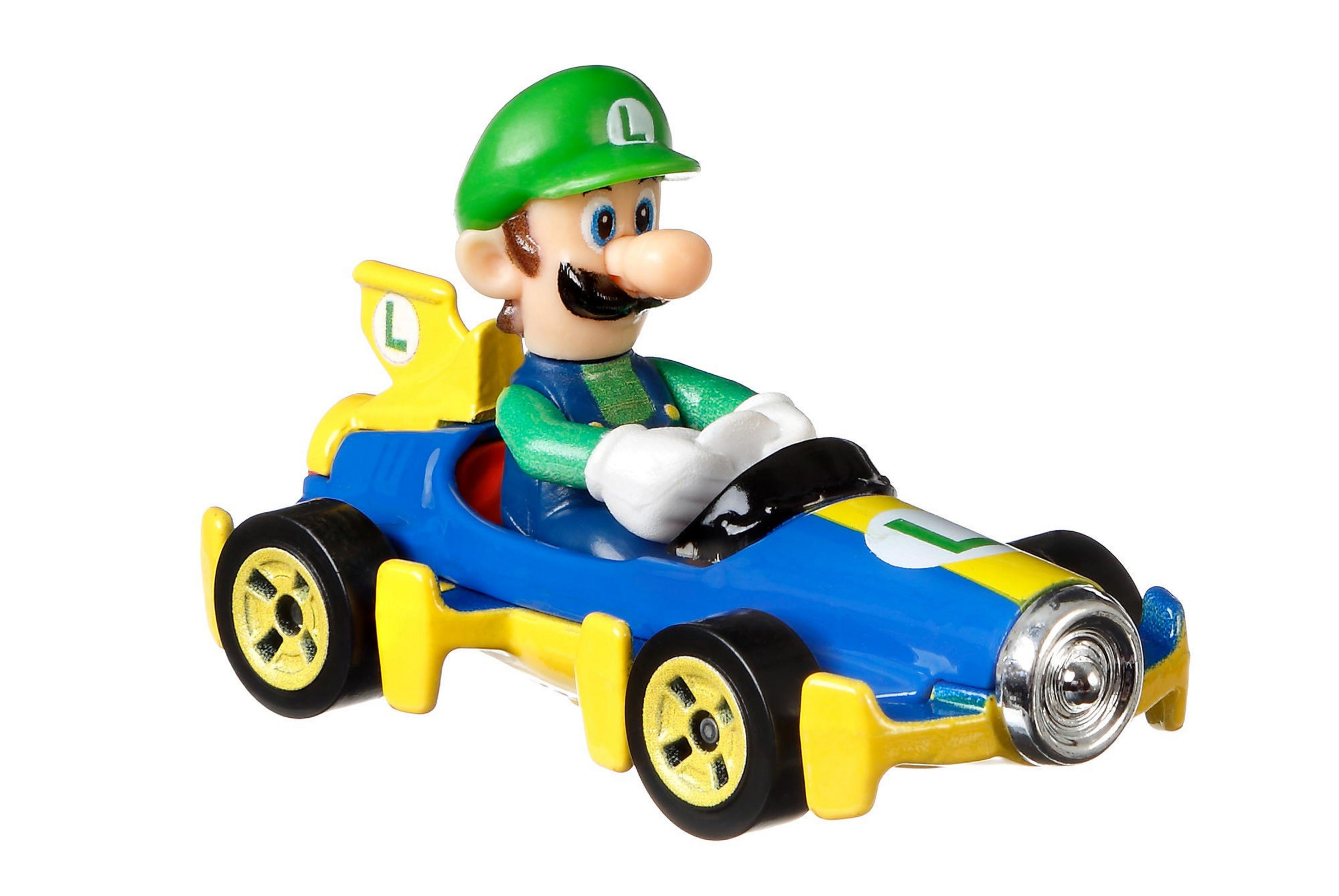Luigi fährt einen blau-gelben Kart mit grüner Mütze und Schnurrbart.