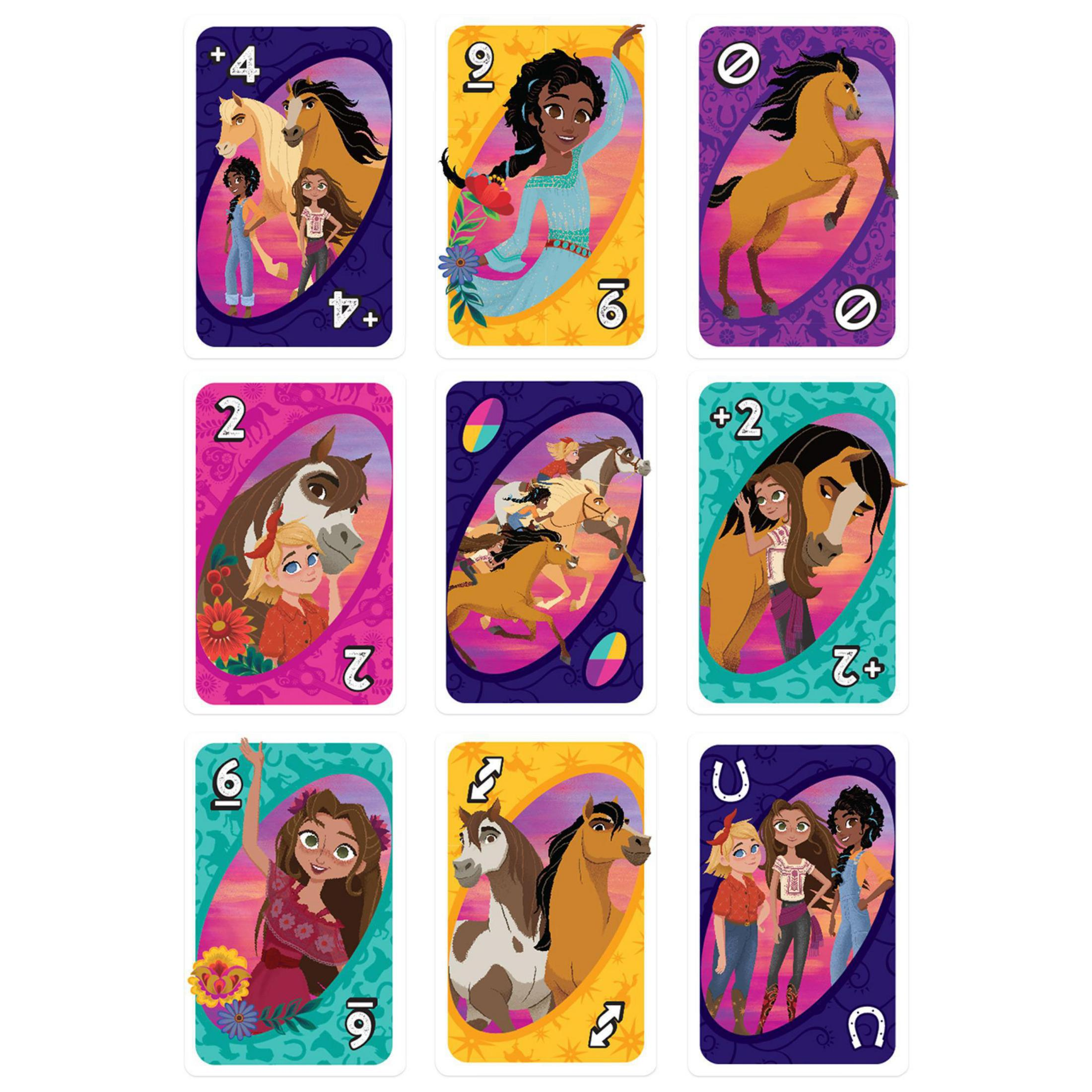 Gra karciana Uno z postaciami Spirit, kolorowymi kartami i ilustracjami.