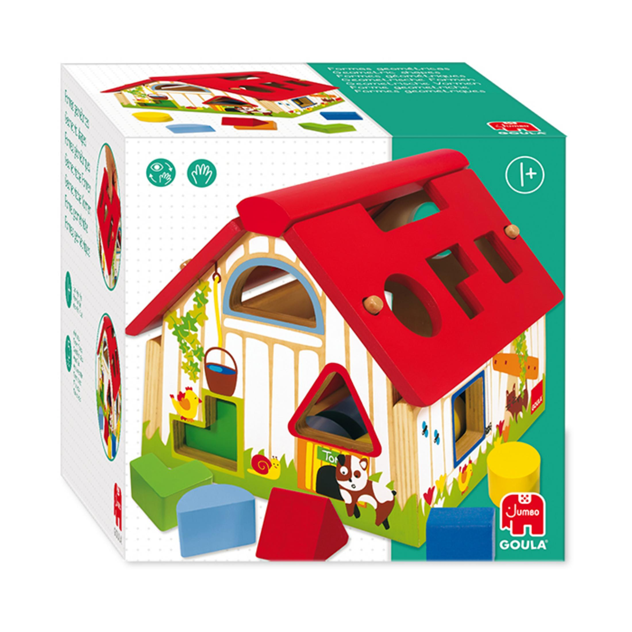 Maison jouet en bois avec toit rouge et formes colorées pour les enfants.
