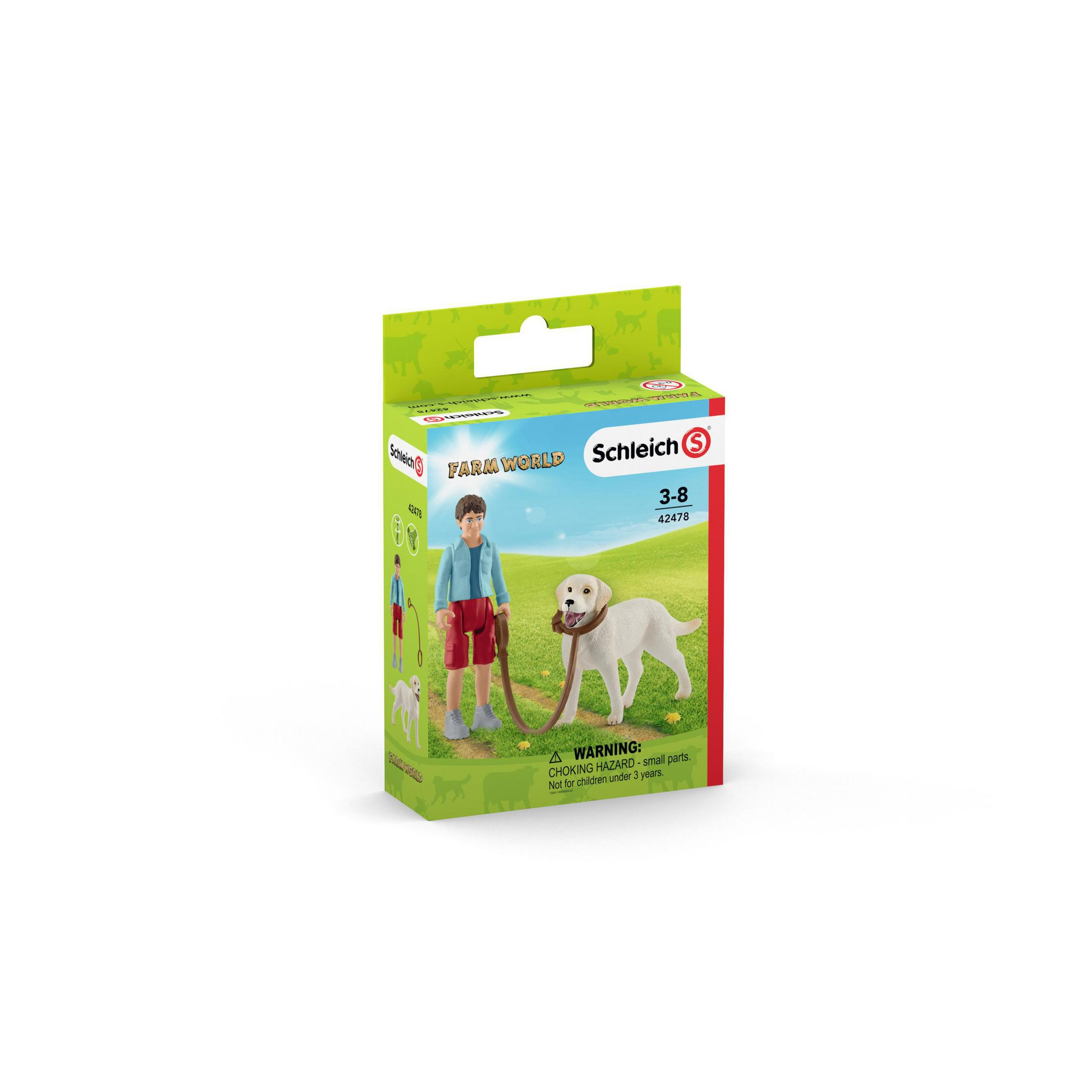 Spielzeugbox mit Junge und Hund, mit Warnhinweis.