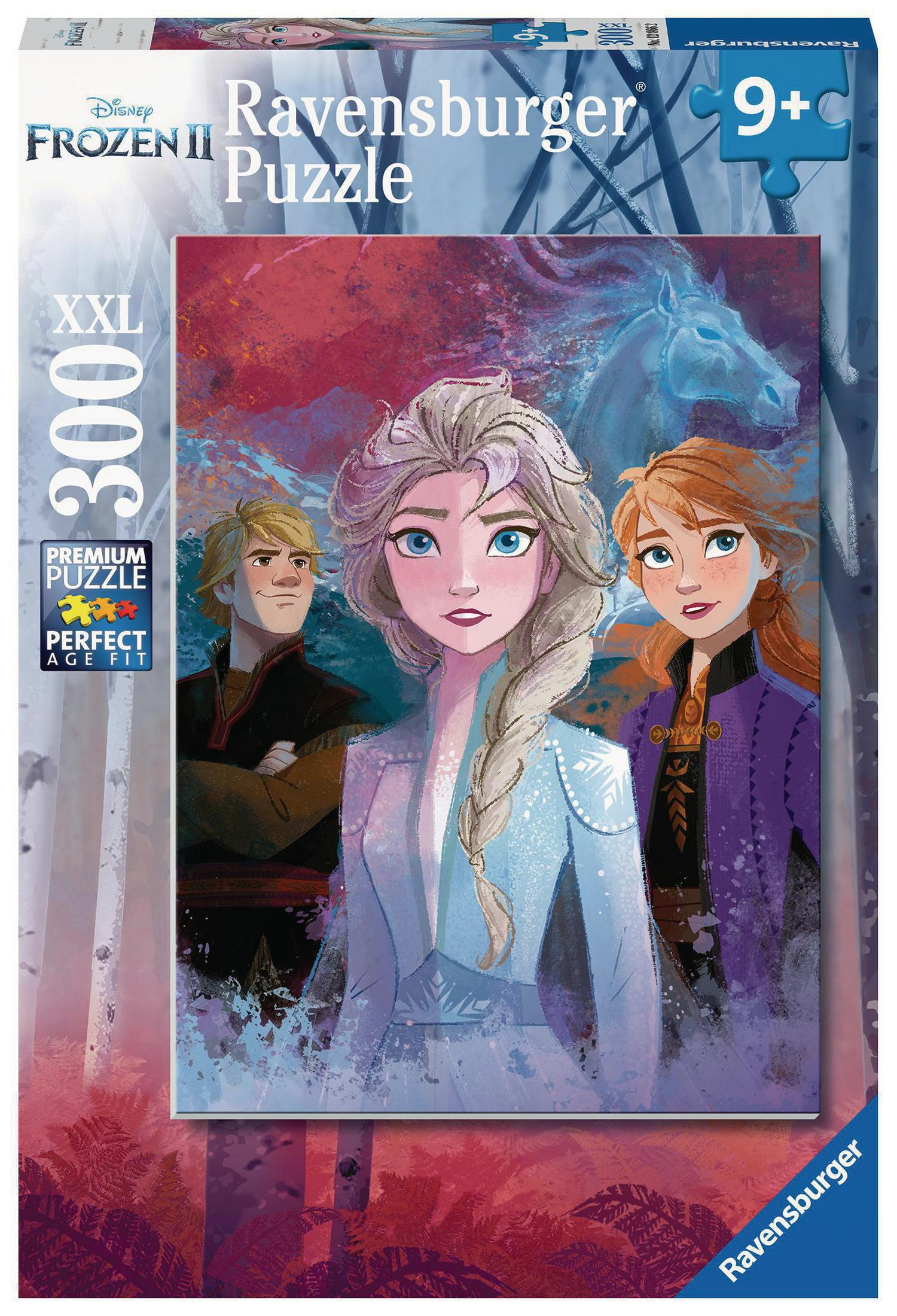Pudełko z puzzlami Frozen II. Elsa, Anna i Kristoff na okładce, koń w tle.