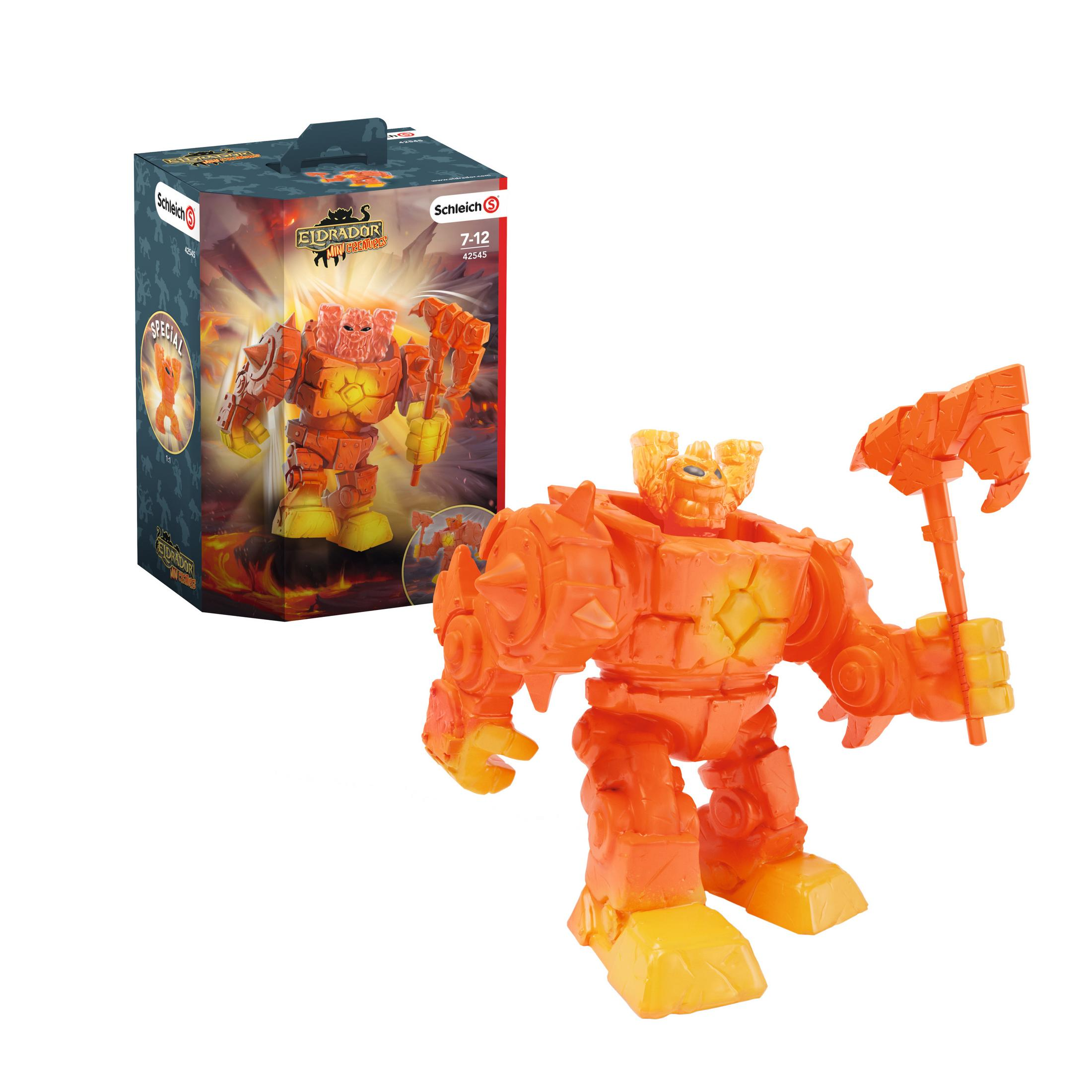 Pudełko z zabawkami Schleich Eldrador Creatures i zabawka. Zabawka to potwór ze skał.