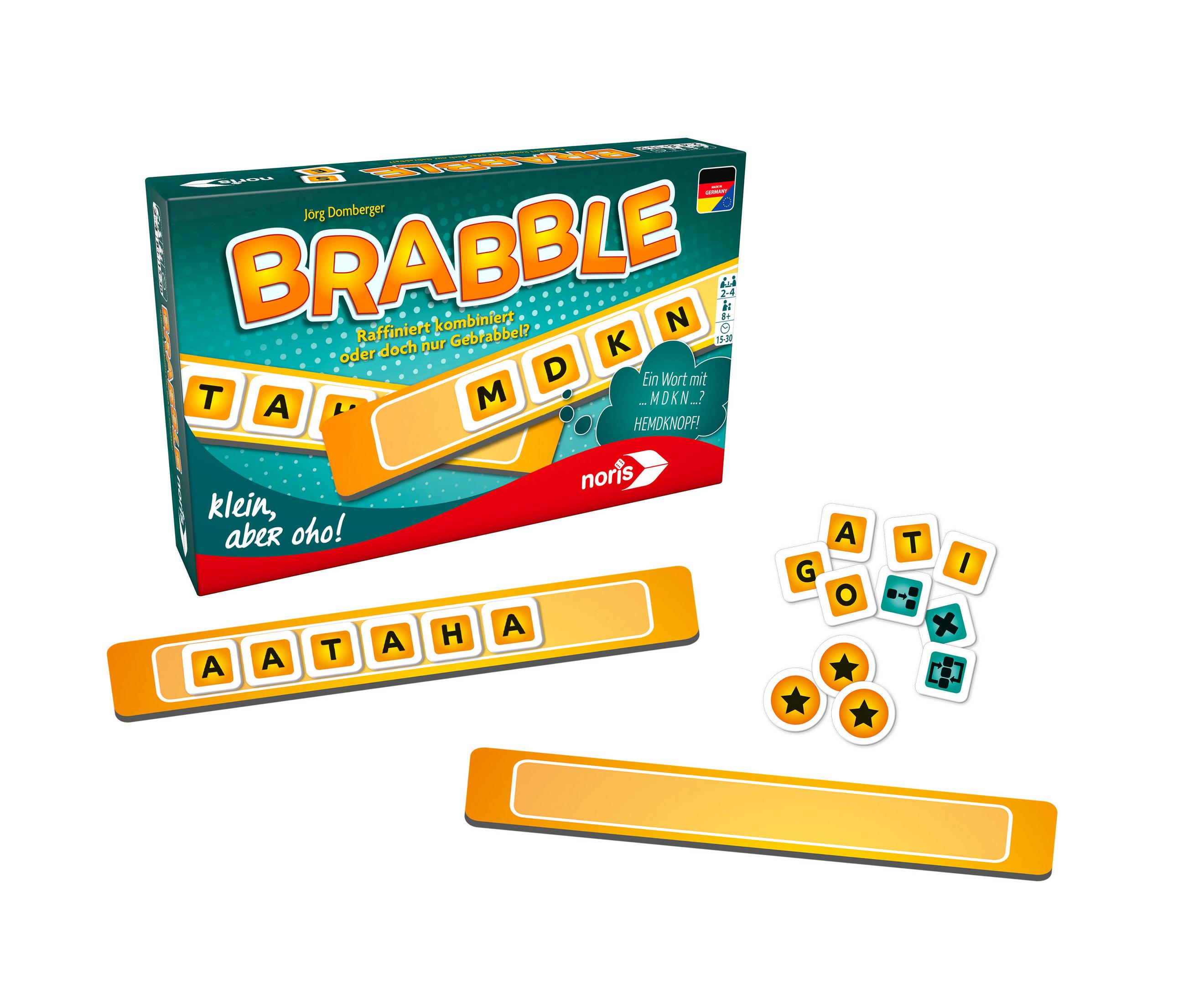 Brabble Brettspiel-Box und Komponenten mit Spielsteinen, Spielbrett und Stern-Tokens.