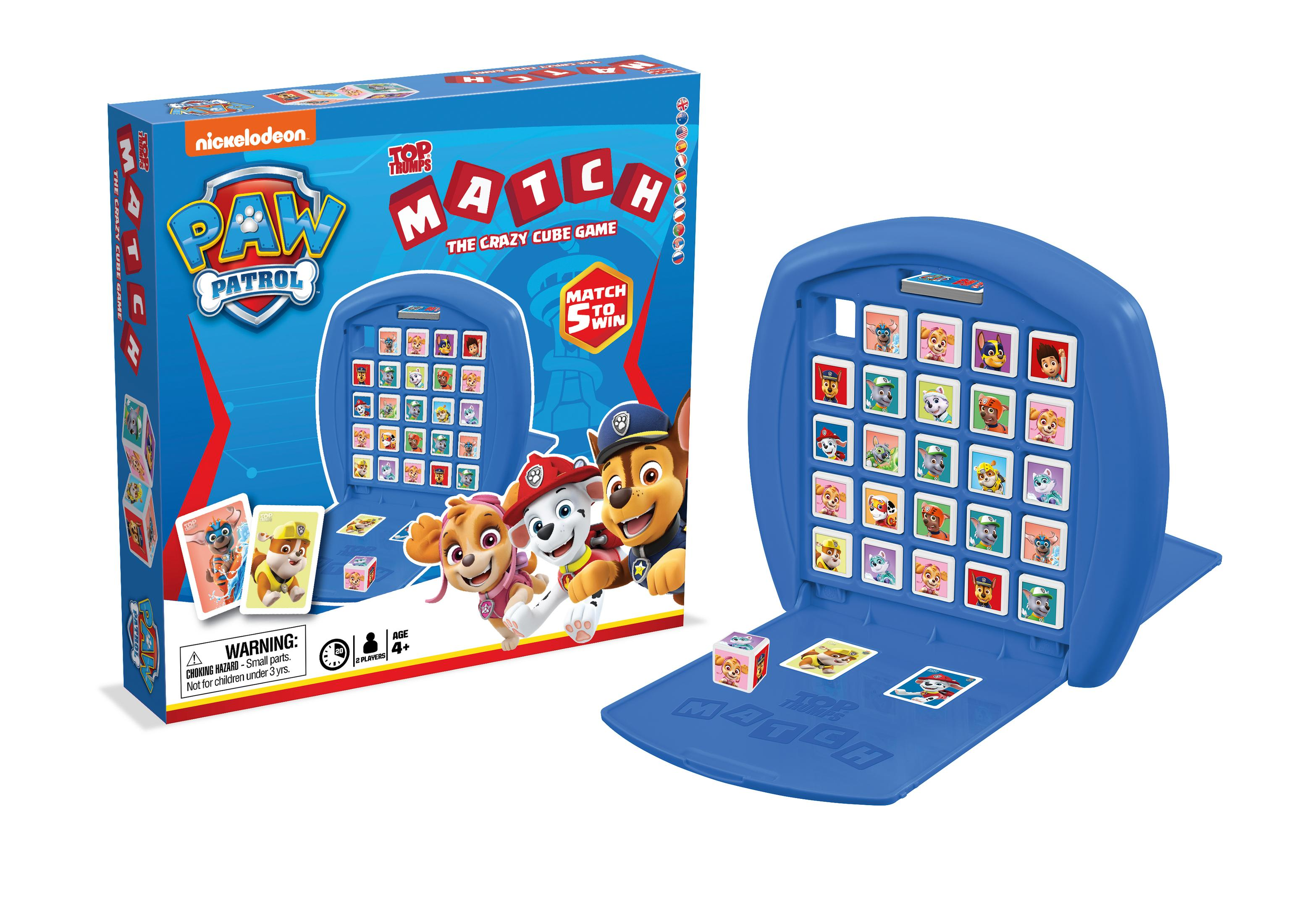 Paw Patrol-Brettspiel mit Figuren und Logo auf einer blauen Box, Spielsteine sichtbar.