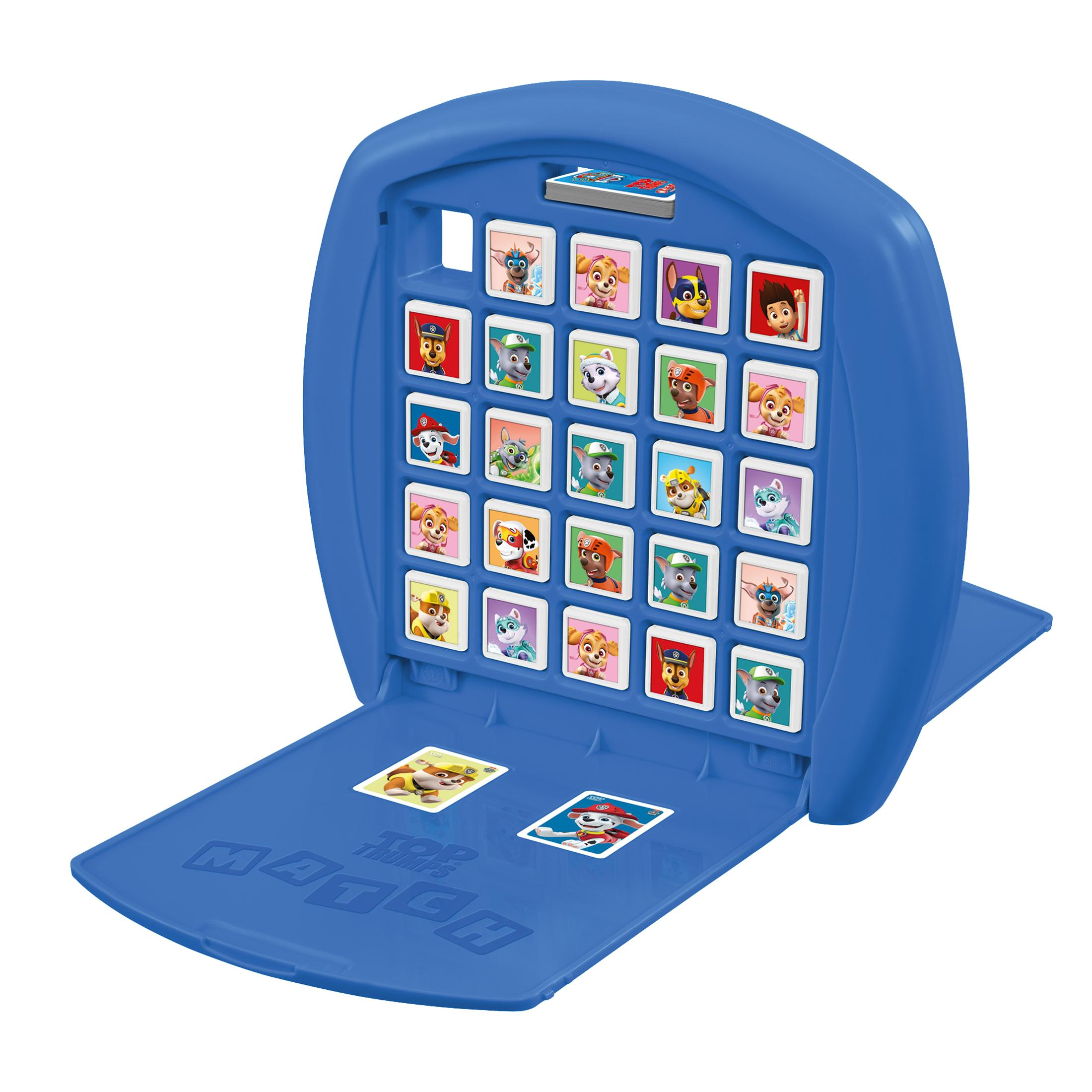 Blaues Paw Patrol Top Trumps Spiel geöffnet, zeigt Karten mit Charakteren. Das Spiel steht auf weißem Untergrund.