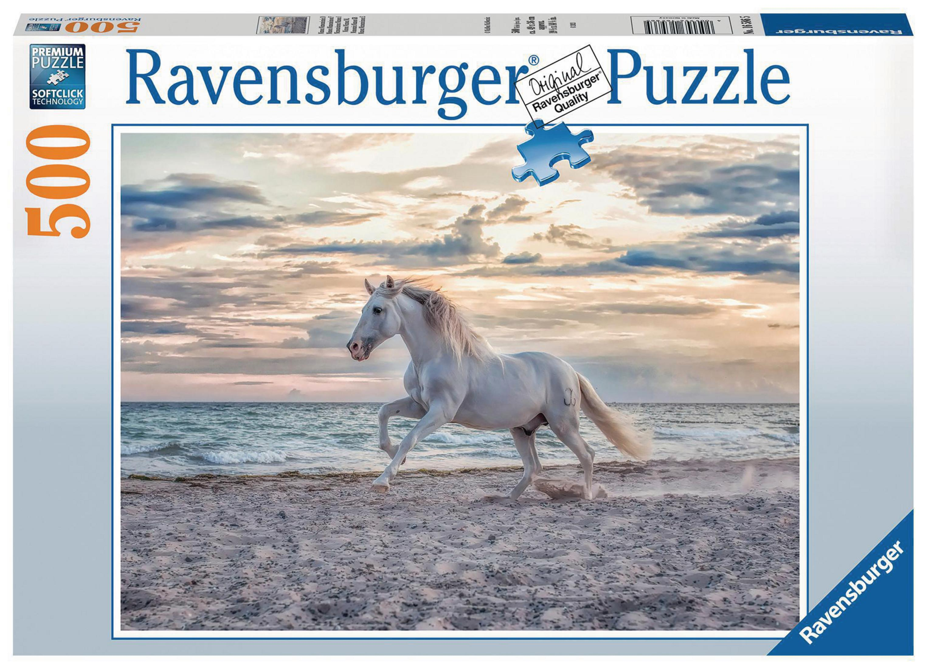 Ravensburger Puzzleschachtel. Bild eines weißen Pferdes, das am Strand bei Sonnenuntergang rennt. Der Himmel ist farbenfroh.
