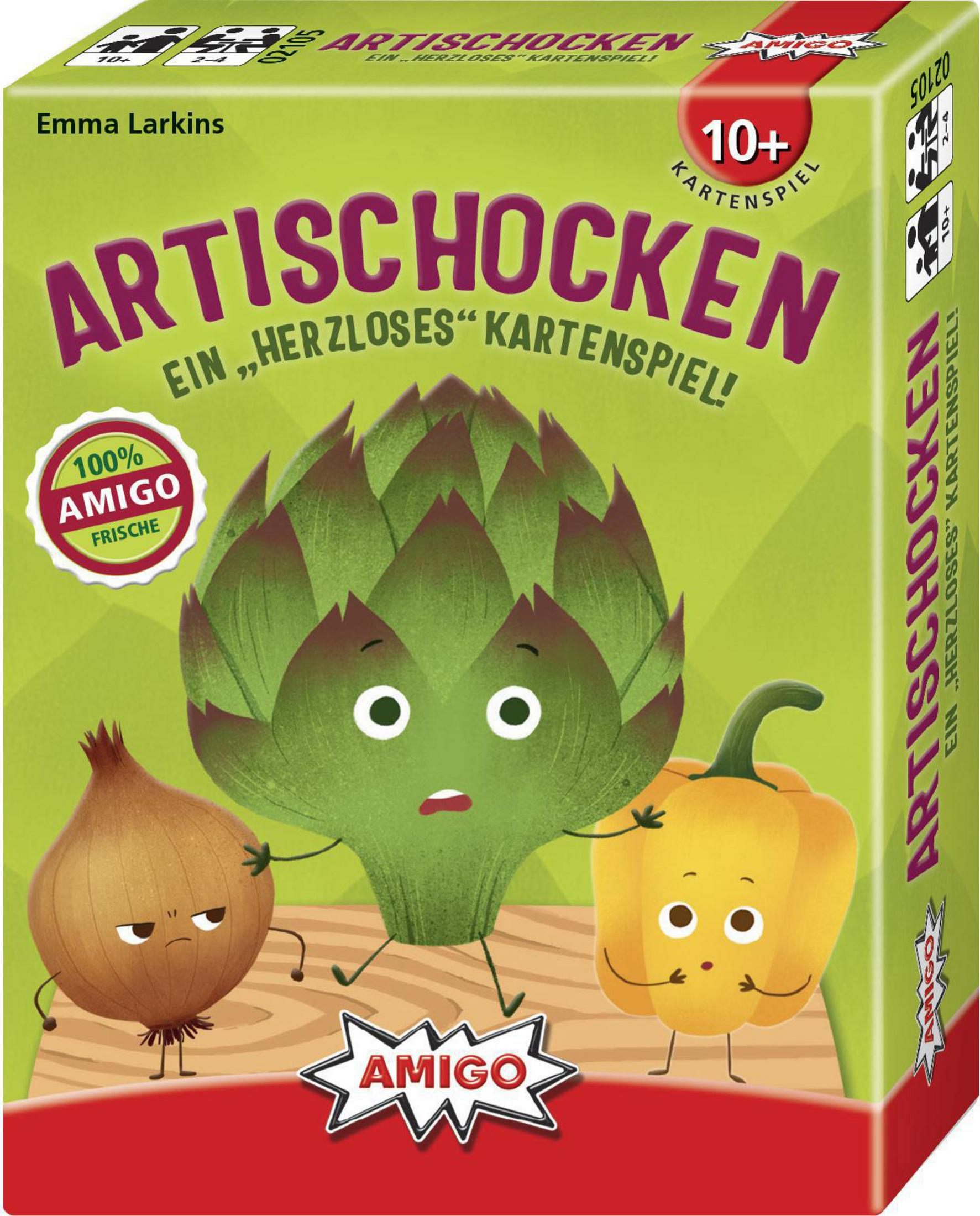 Boîte d'un jeu de cartes avec des personnages de dessins animés d'artichaut, d'oignon et de poivron. Texte en allemand.