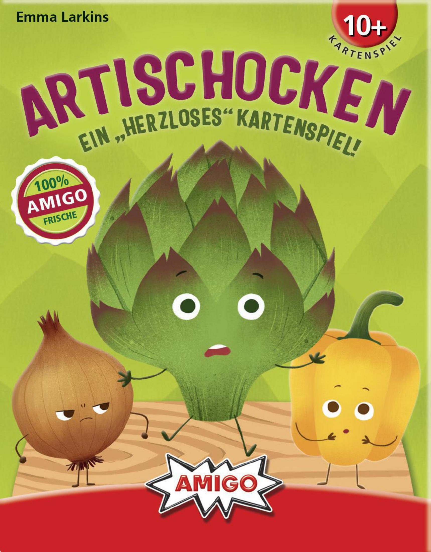 Une boîte de jeu avec un dessin d'artichaut, d'oignon et de poivron. Le texte dit 'Artischocken'.